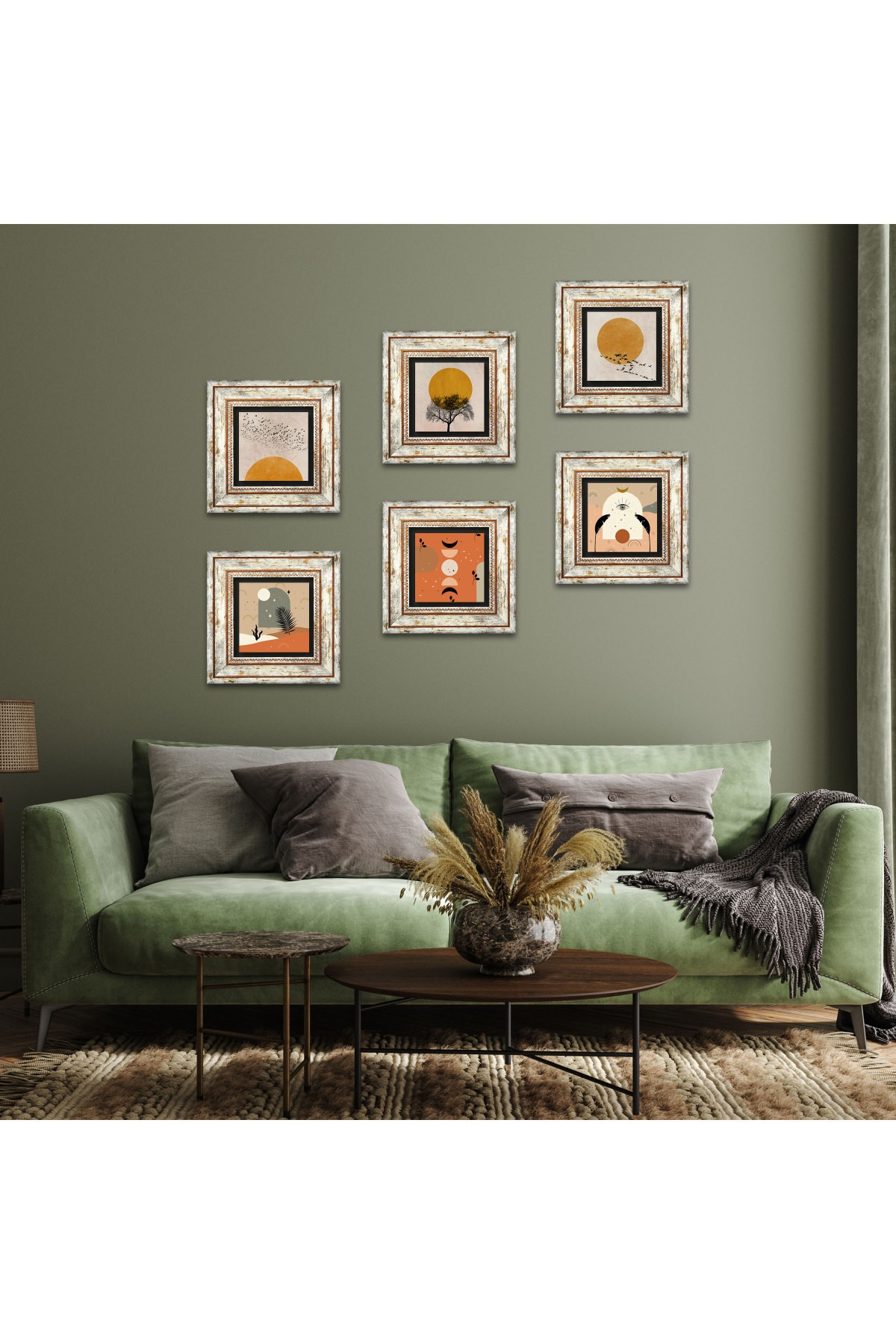 Bohem, Minimalist Taş Duvar Tablosu Çerçeveli Duvar Dekoru 6 Parça Tablo Seti Wall Art