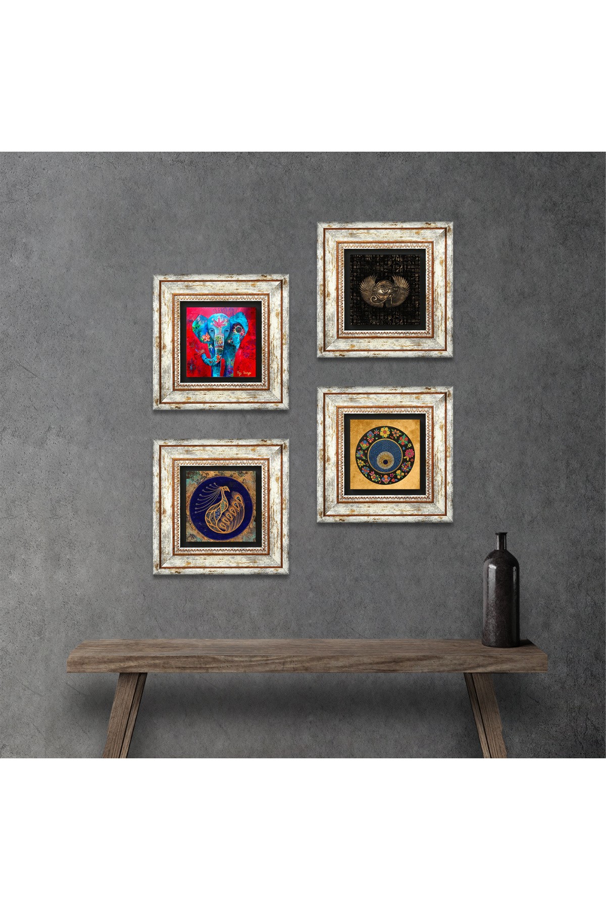 Elephant, Eye of Horus, Peacock, Evil Eye Stone Wall Painting Framed Wall Decor 4 Piece Painting Set Wall Art