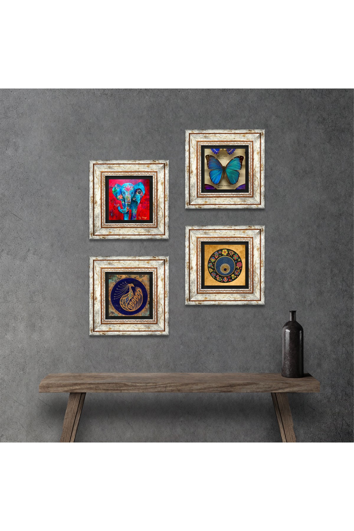 Butterfly, Elephant, Peacock, Evil Eye Stone Wall Painting Framed Wall Decor 4 Piece Painting Set Wall Art