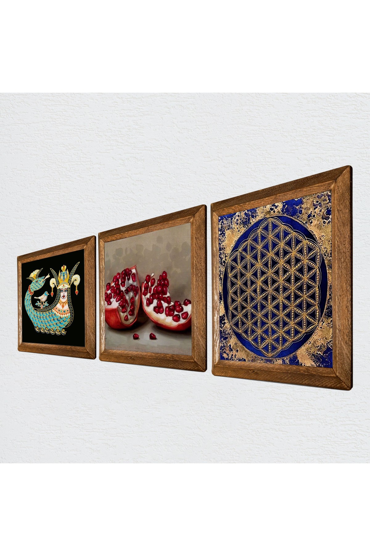 Flower of Life, Shahmaran, Pomegranate Stone Wall Painting Wooden Framed Wall Decor 3 Piece Painting Set Wall Art