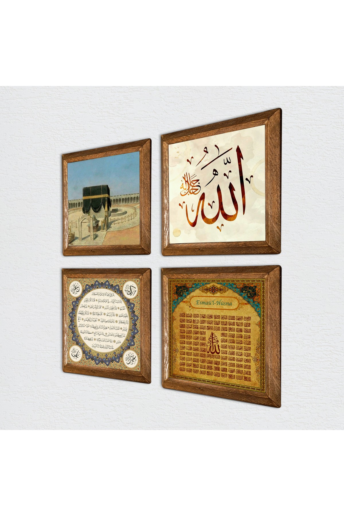 Kaaba-i Muazzama, Word of Allah, Esma'ül Hüsna, Hilye-i Şerif Stone Wall Painting Wooden Framed Wall Decoration 4 Piece Painting Set Wall Art