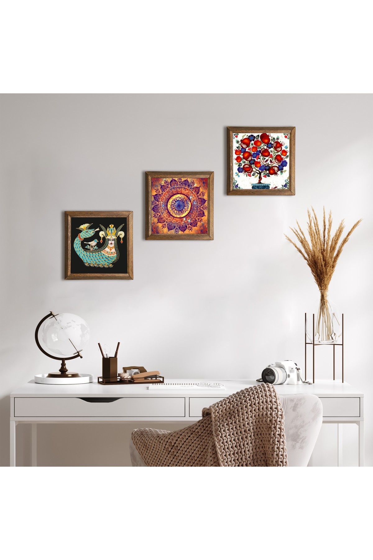 Mandala, Şahmeran, Nar Ağacı Taş Duvar Tablosu Ahşap Çerçeveli Duvar Dekoru 3 Parça Tablo Seti Wall Art