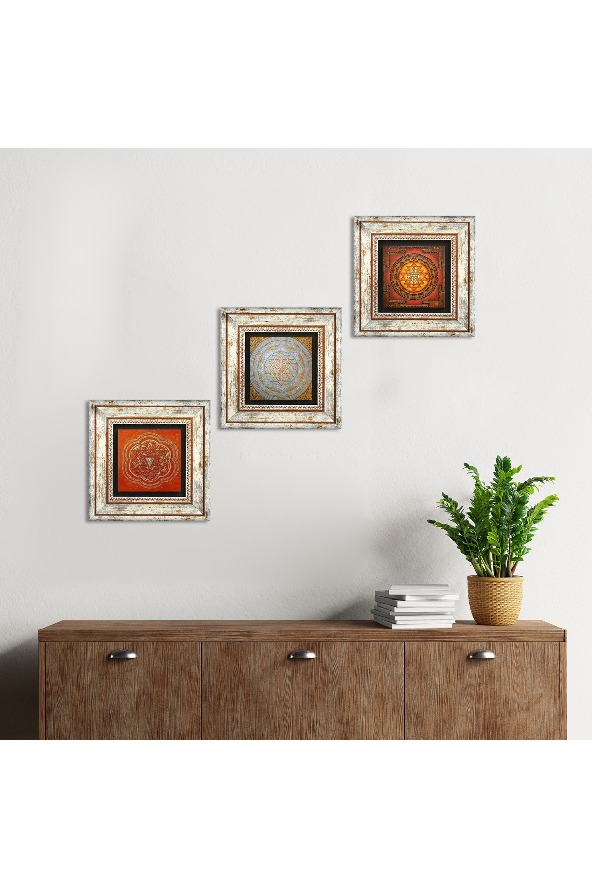 Sri Yantra Taş Duvar Tablosu Çerçeveli Duvar Dekoru 3 Parça Tablo Seti Wall Art