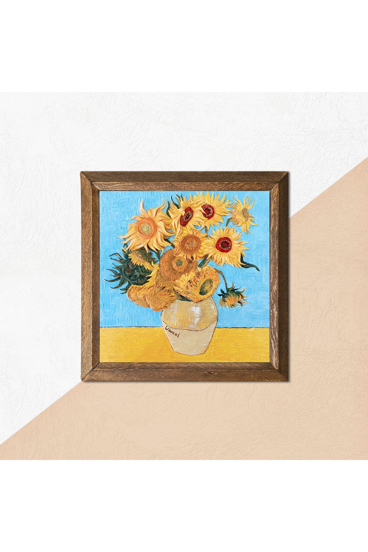 Vincent van Gogh Vase with Twelve Sunflowers Stone Wall Painting Wood Framed Wall Decor Wall Art 25x25cm