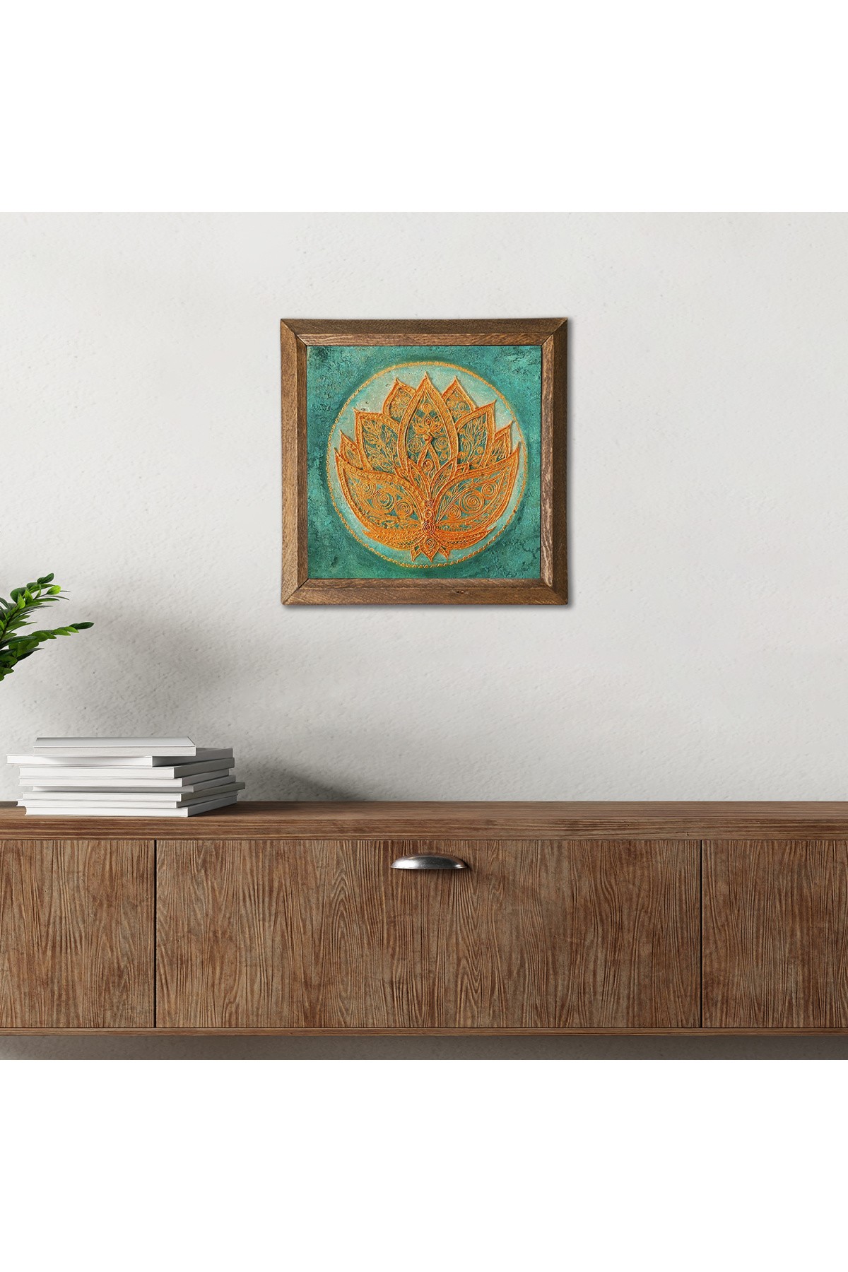 Lotus Çiçeği Taş Duvar Tablosu Ahşap Çerçeveli Duvar Dekoru Wall Art 25x25cm