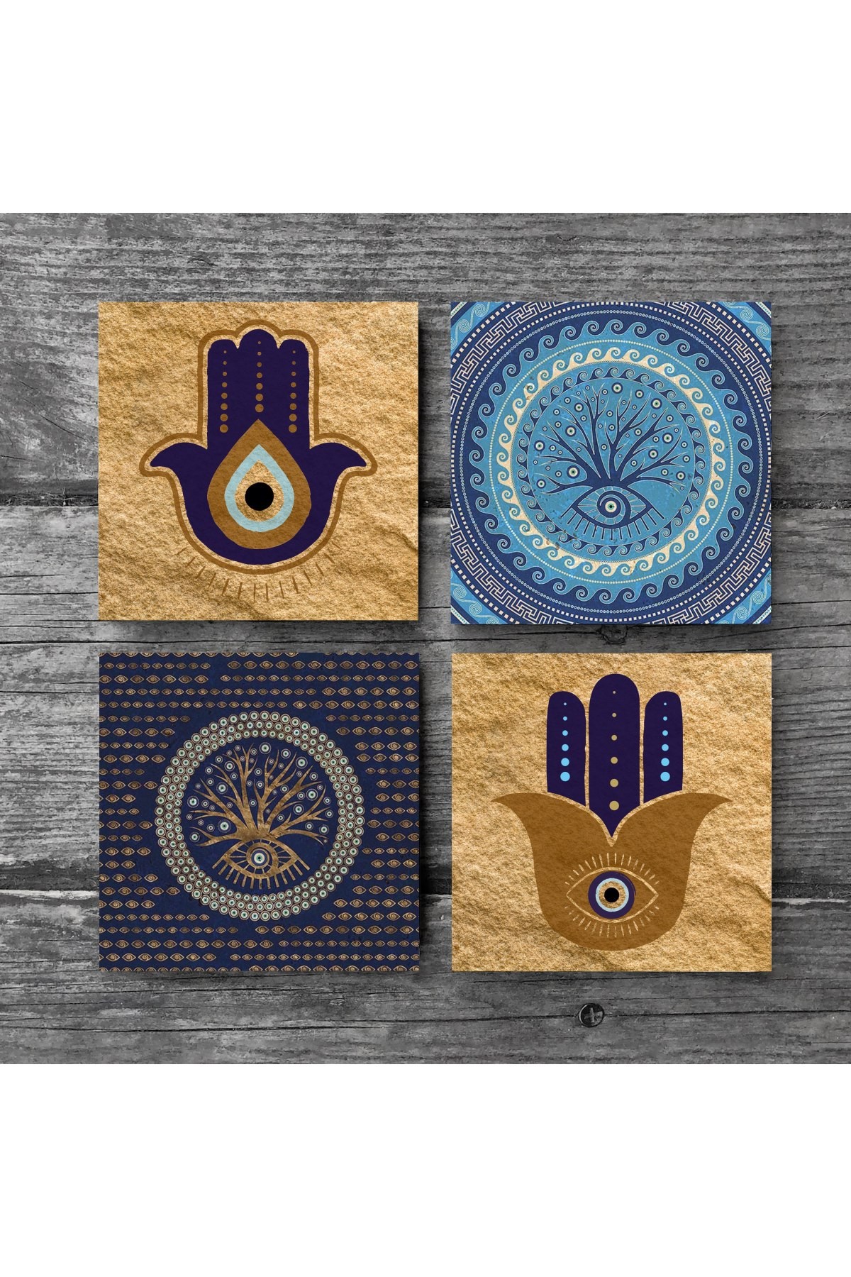 Fatma Ana Eli (Hamsa), Nazar Ağaç Taş Bardak Altlığı Masaüstü Koruyucu Altlık 4 Parça Set 10x10cm Stone Coasters