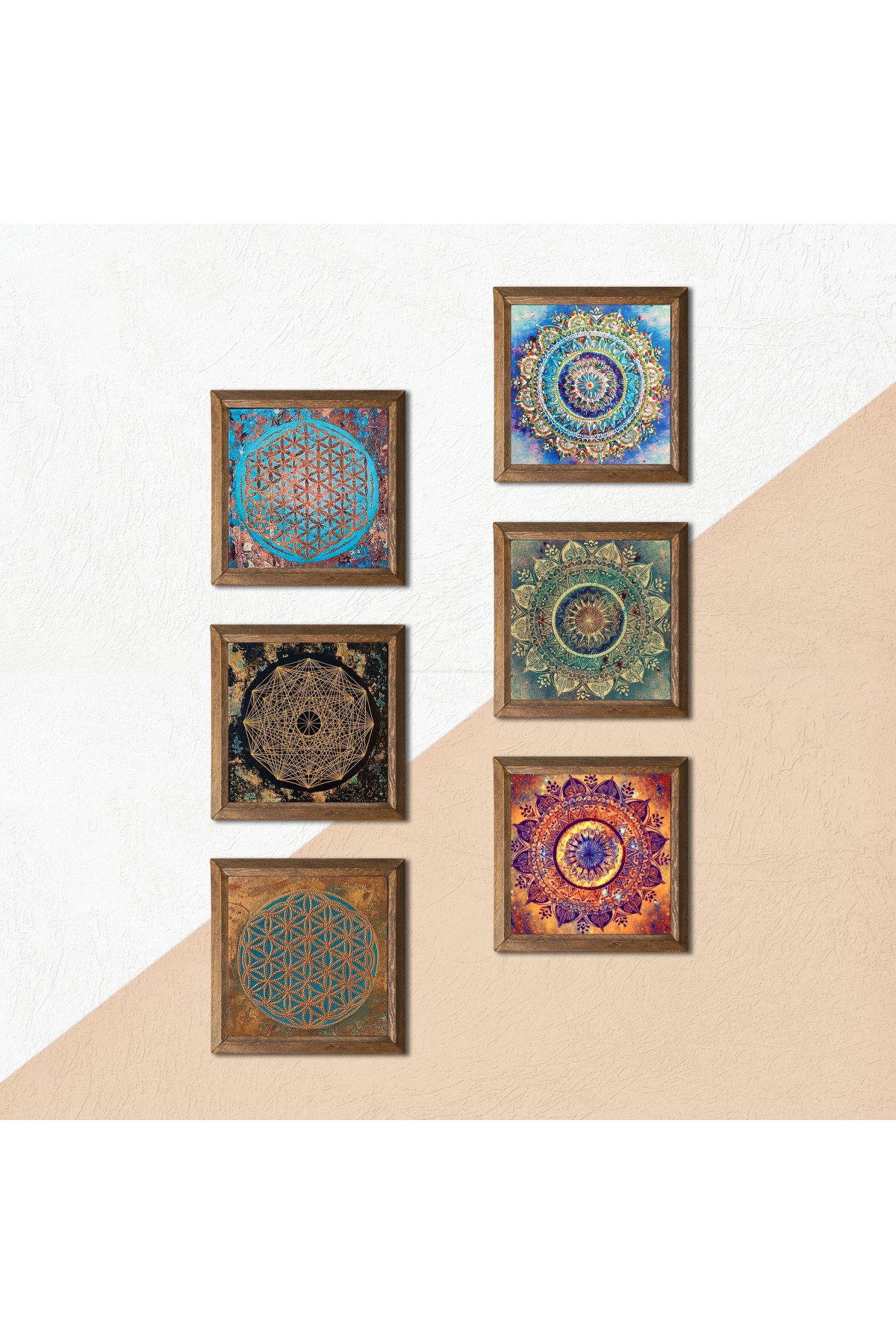 Mandala, Sri Yantra, Yaşam Çiçeği Taş Duvar Tablosu Ahşap Çerçeveli Duvar Dekoru 6 Parça Tablo Seti Wall Art