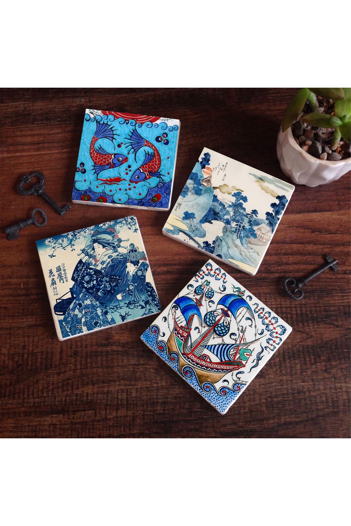 Japanese Art, Mount Fuji, Tile Art Fish, Sailing Ship Stone Coasters Desktop Protective Coasters 4 Piece Set 10x10cm Stone Coasters