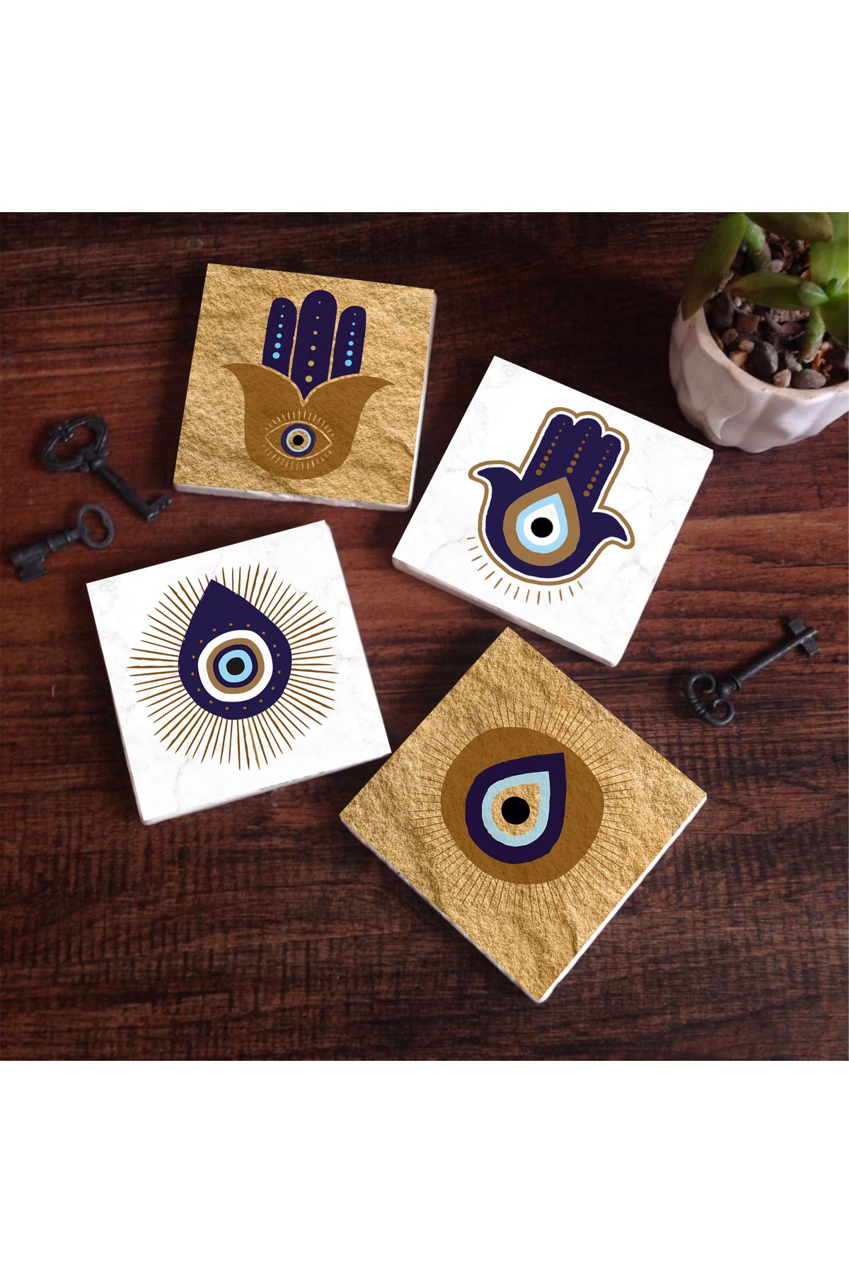 Fatma Ana Eli (Hamsa), Nazar Taş Bardak Altlığı Masaüstü Koruyucu Altlık 4 Parça Set 10x10cm Stone Coasters