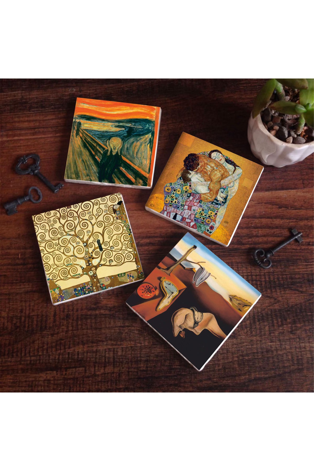 Salvador Dalí Belleğin Azmi, Çığlık, Gustav Klimt Aile Kucaklama, Hayat Ağacı Taş Bardak Altlığı Masaüstü Koruyucu Altlık 4 Parça Set 10x10cm Stone Coasters