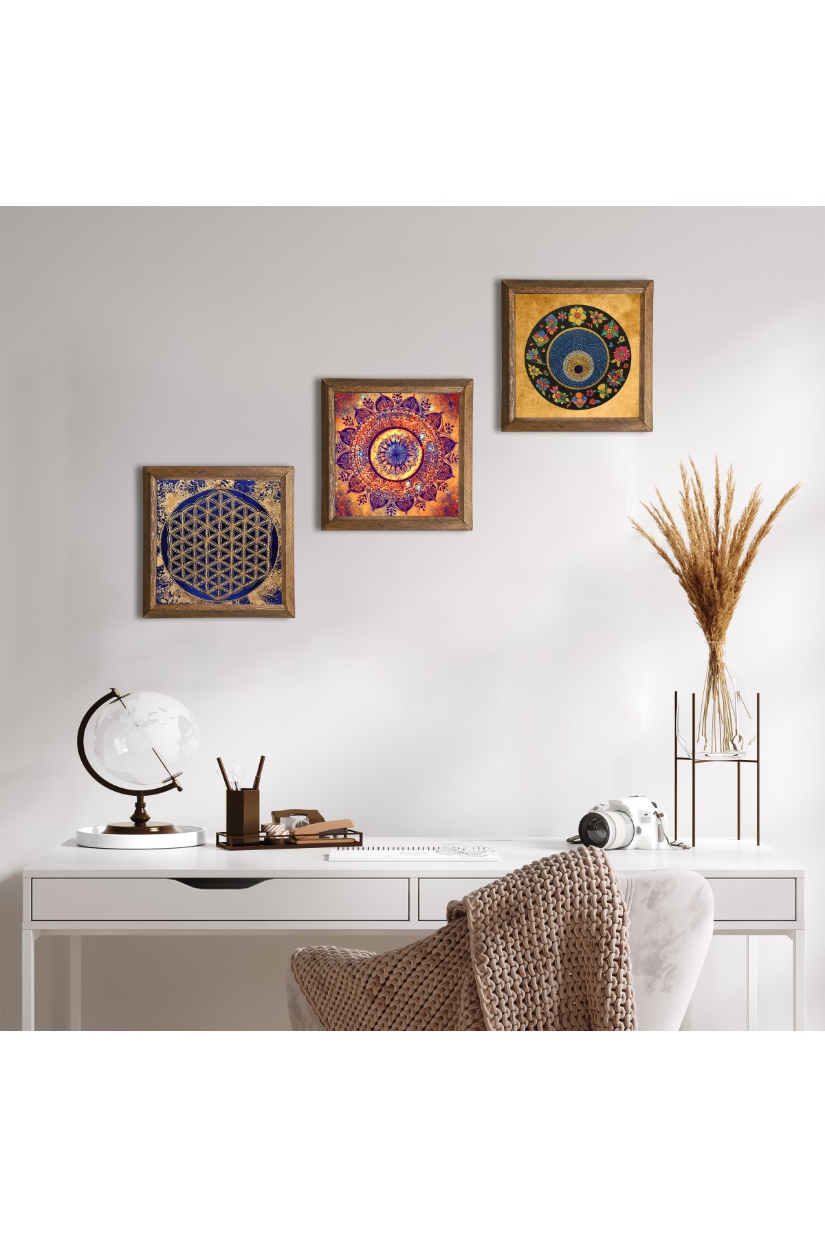 Mandala, Yaşam Çiçeği, Nazar Taş Duvar Tablosu Ahşap Çerçeveli Duvar Dekoru 3 Parça Tablo Seti Wall Art