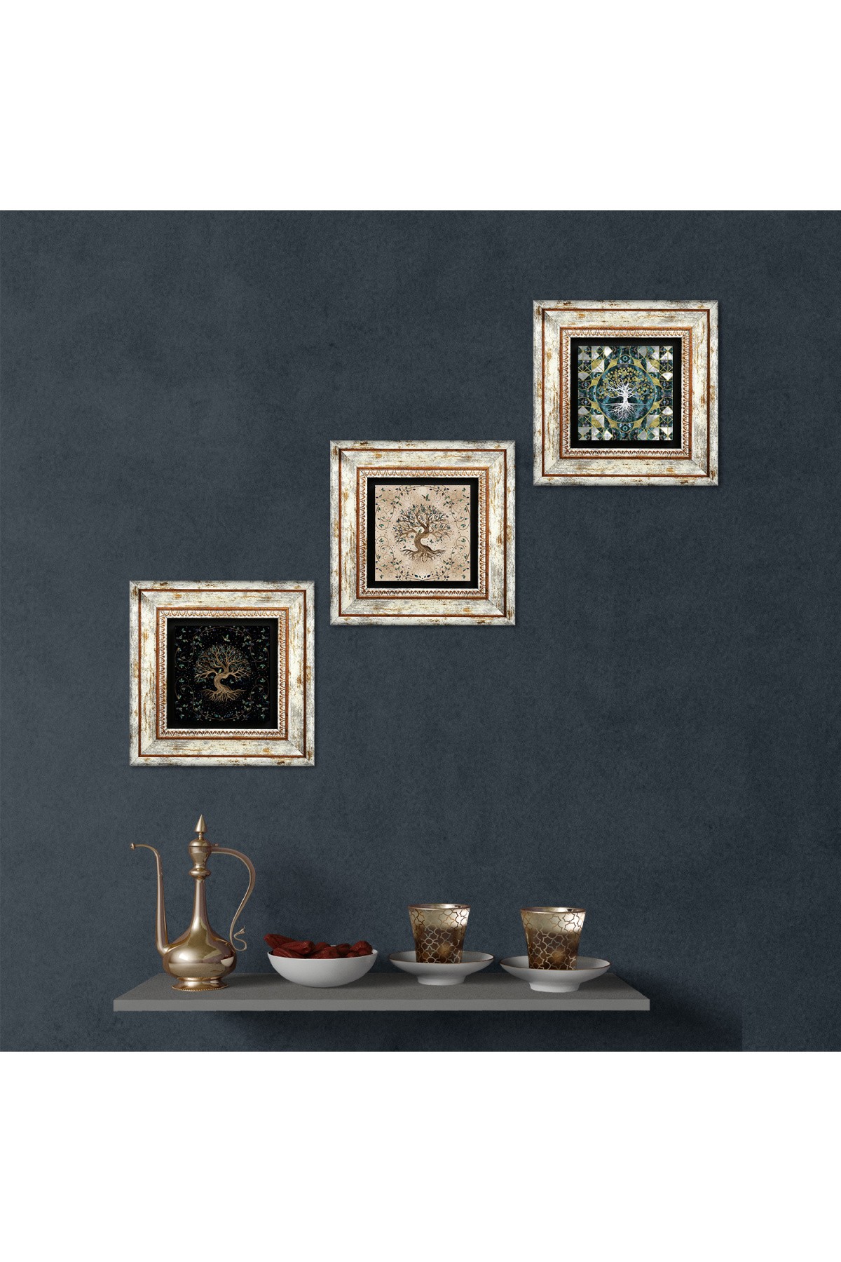 Hayat Ağacı Taş Duvar Tablosu Çerçeveli Duvar Dekoru 3 Parça Tablo Seti Wall Art