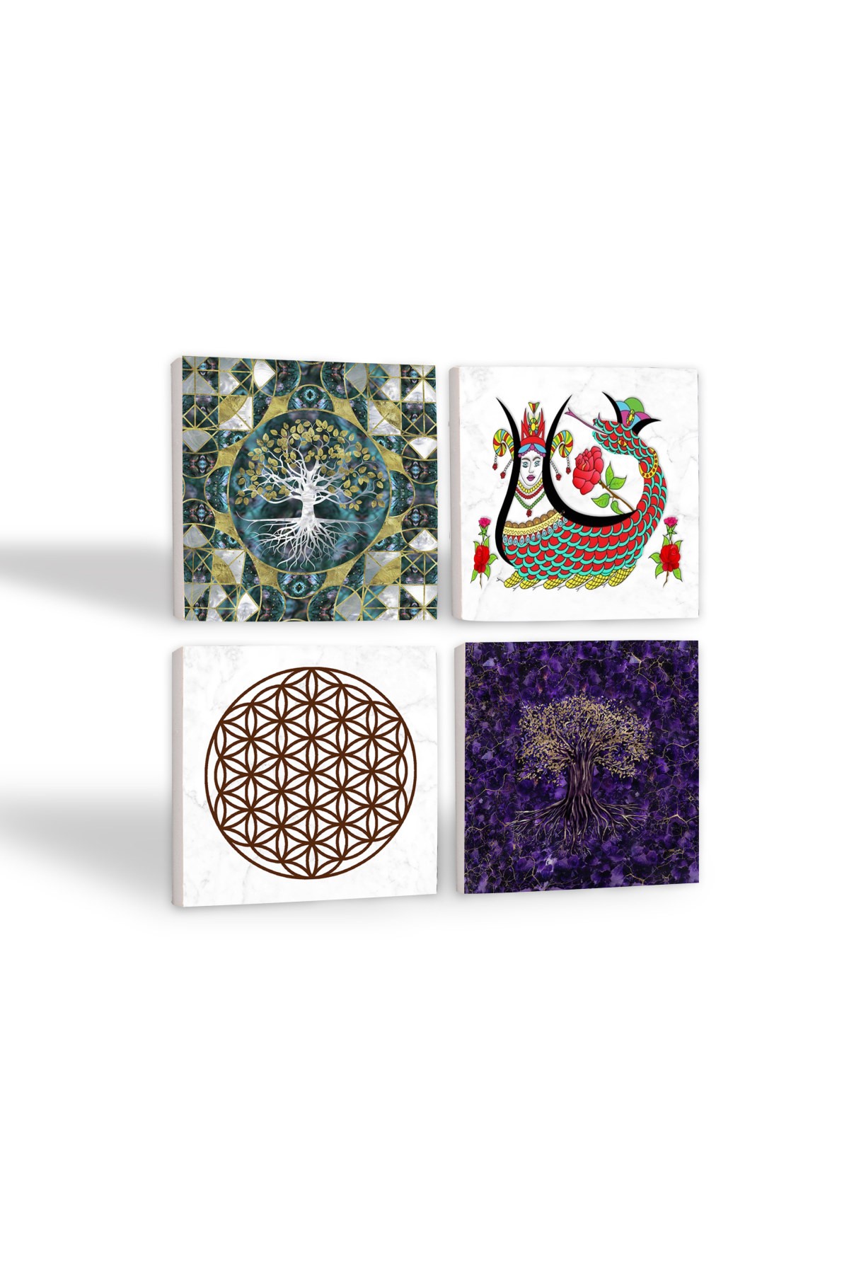 Tree of Life, Flower of Life, Shahmaran Stone Coasters Desktop Protective Coasters 4 Piece Set 10x10cm Stone Coasters