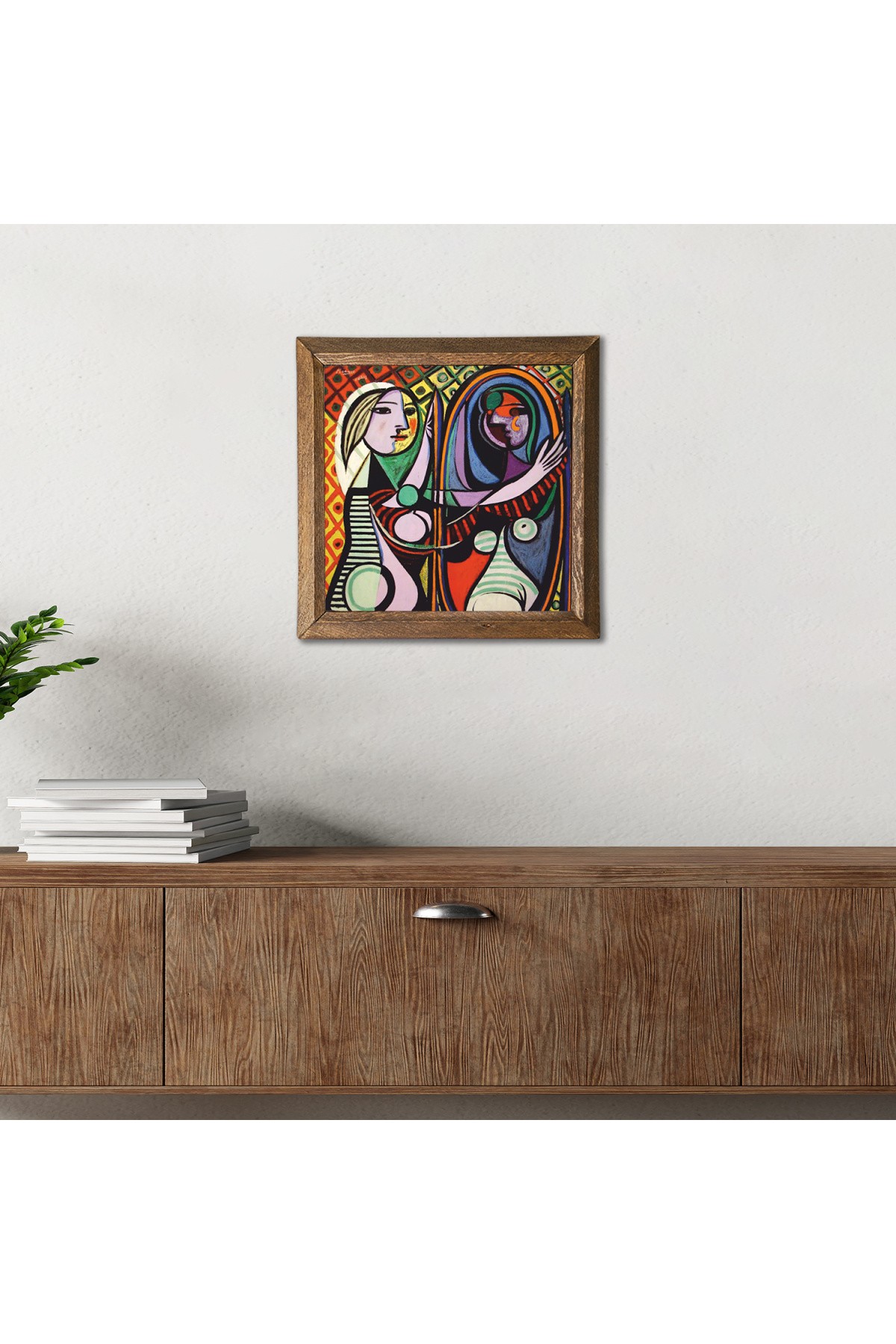 Pablo Picasso Ayna Karşısındaki Kız Taş Duvar Tablosu Ahşap Çerçeveli Duvar Dekoru Wall Art 25x25cm