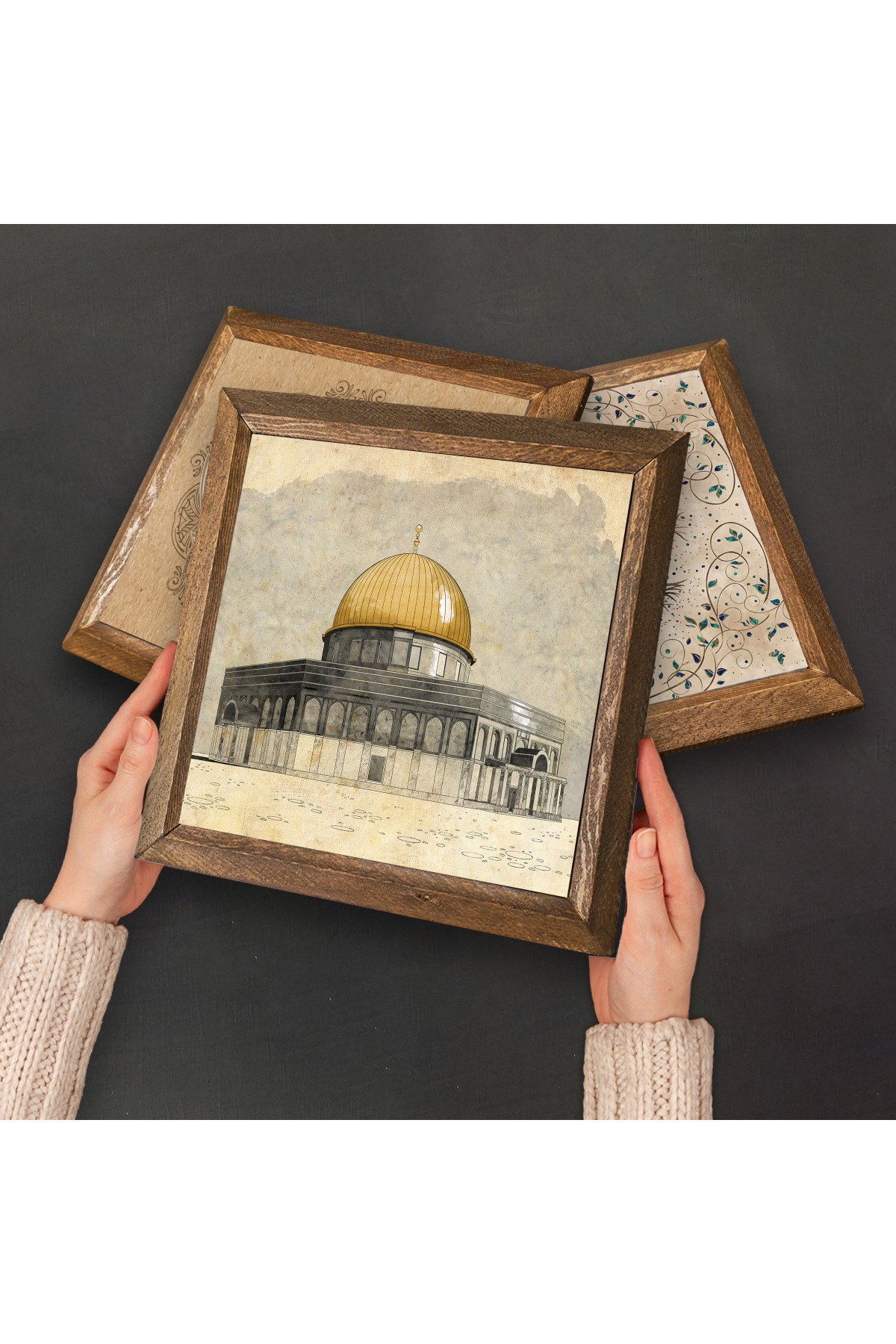 Masjid al-Aqsa, First Verse 'Read', Hilye-i Sharif Stone Wall Painting Wooden Framed Wall Decor 3 Piece Painting Set Wall Art