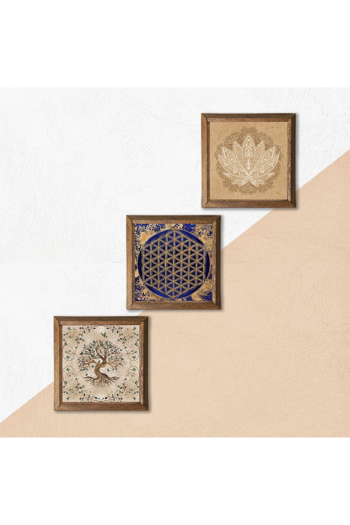 Lotus Çiçeği, Yaşam Çiçeği, Hayat Ağacı Taş Duvar Tablosu Ahşap Çerçeveli Duvar Dekoru 3 Parça Tablo Seti Wall Art