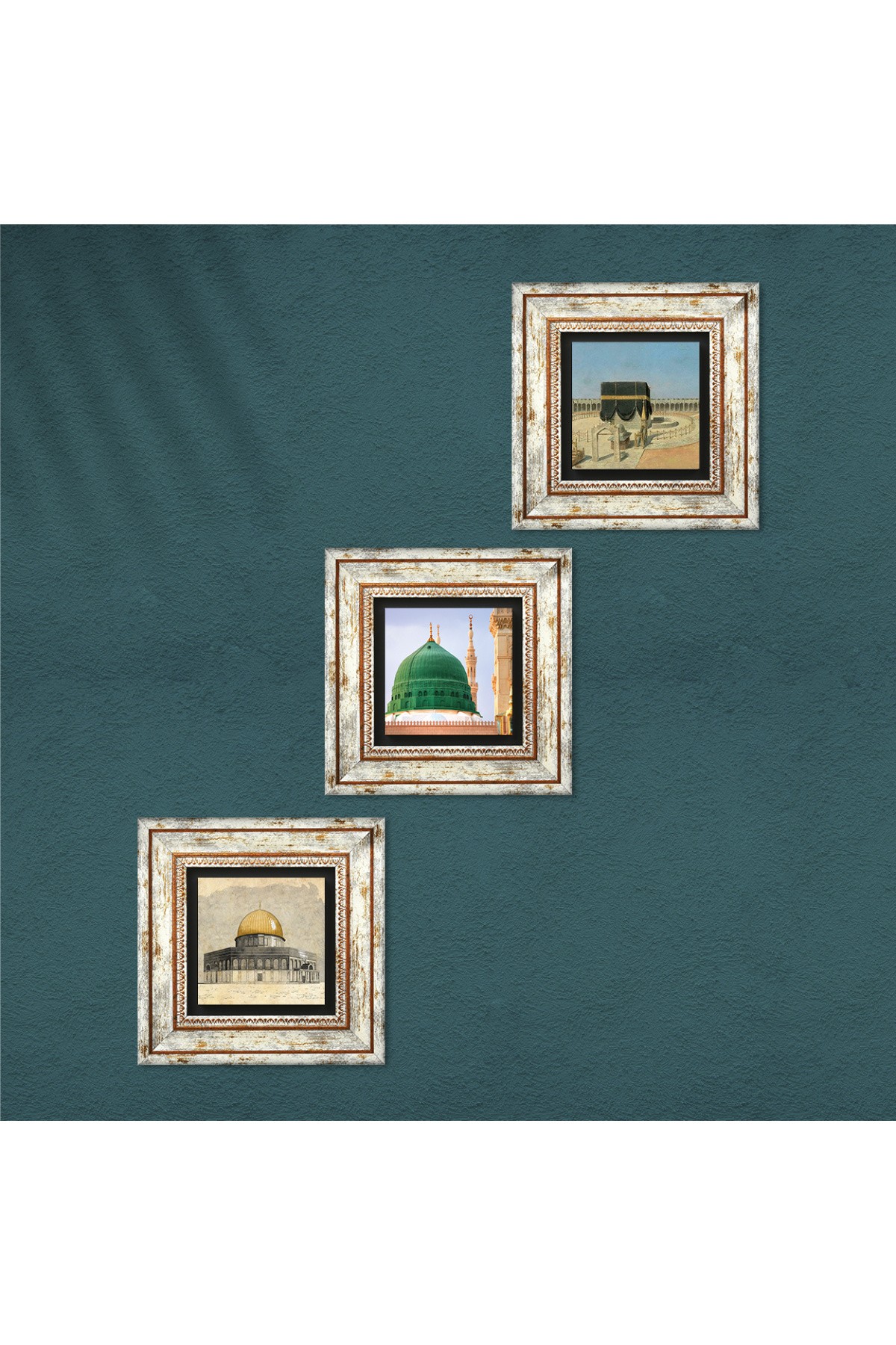 Kaaba-i Muazzama, Masjid al-Aqsa, Ravza-i Mutahhara Stone Wall Painting Framed Wall Decoration 3 Piece Painting Set Wall Art