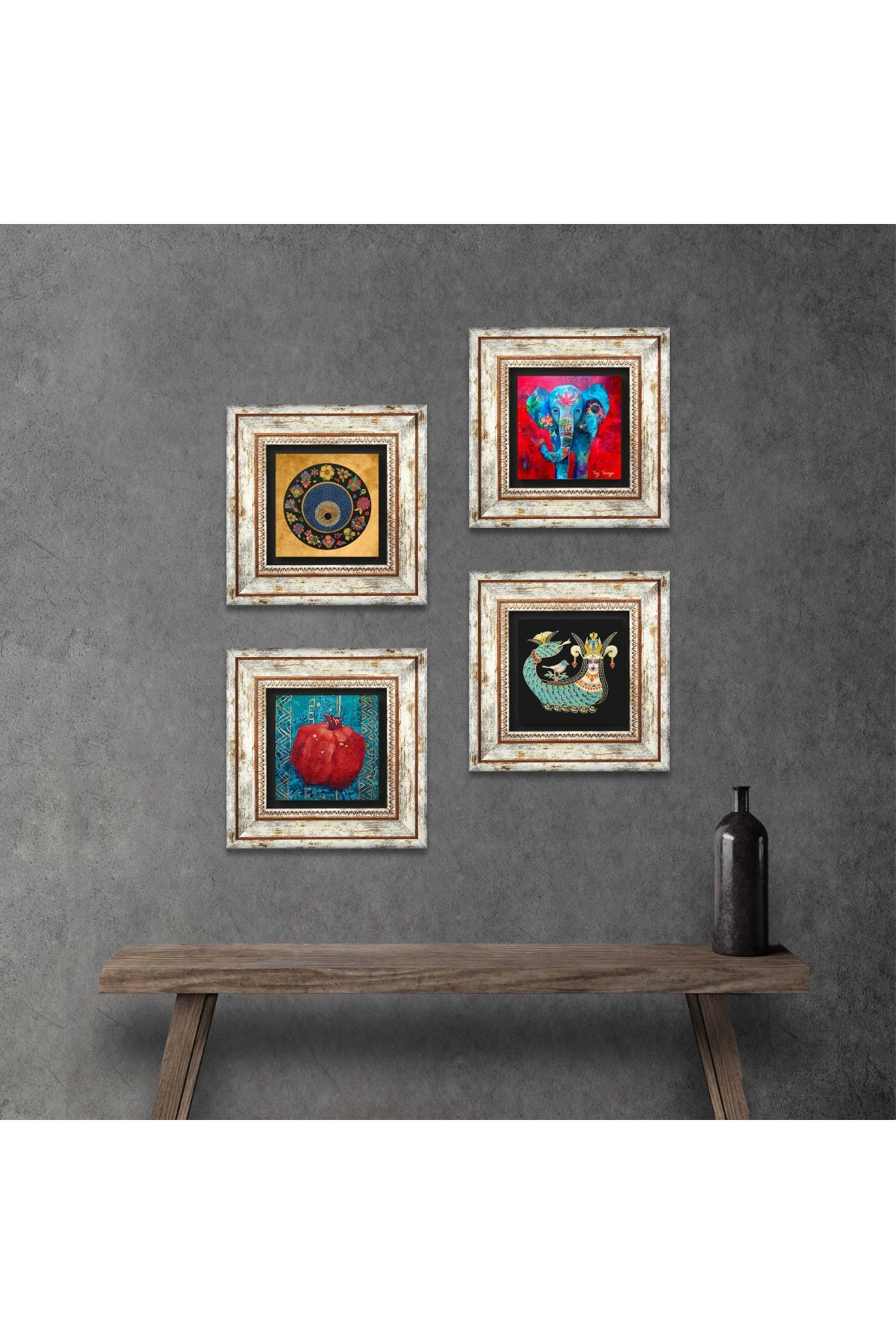 Elephant, Evil Eye, Shahmaran, Pomegranate Stone Wall Painting Framed Wall Decor 4 Piece Painting Set Wall Art