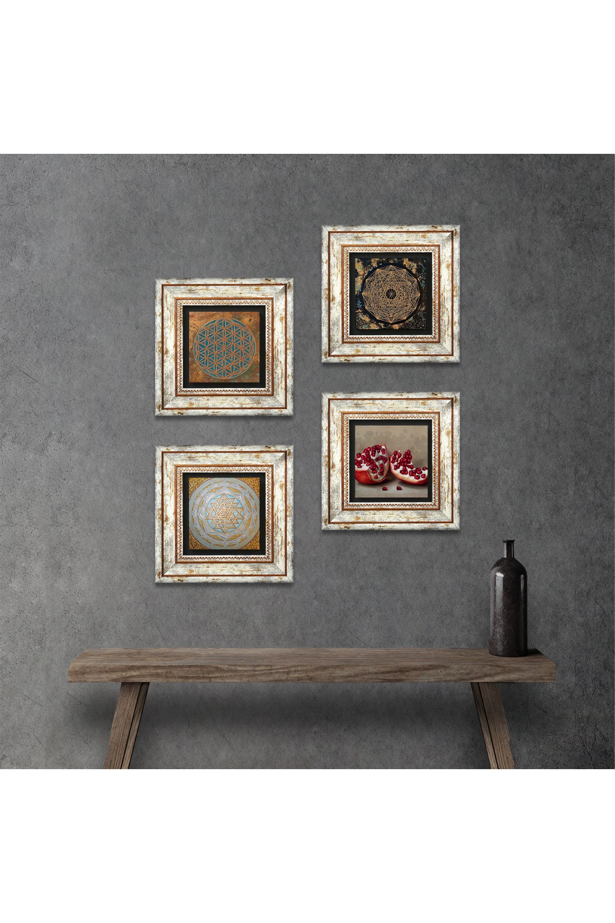 Flower of Life, Sri Yantra, Pomegranate Stone Wall Painting Framed Wall Decor 4 Piece Painting Set Wall Art