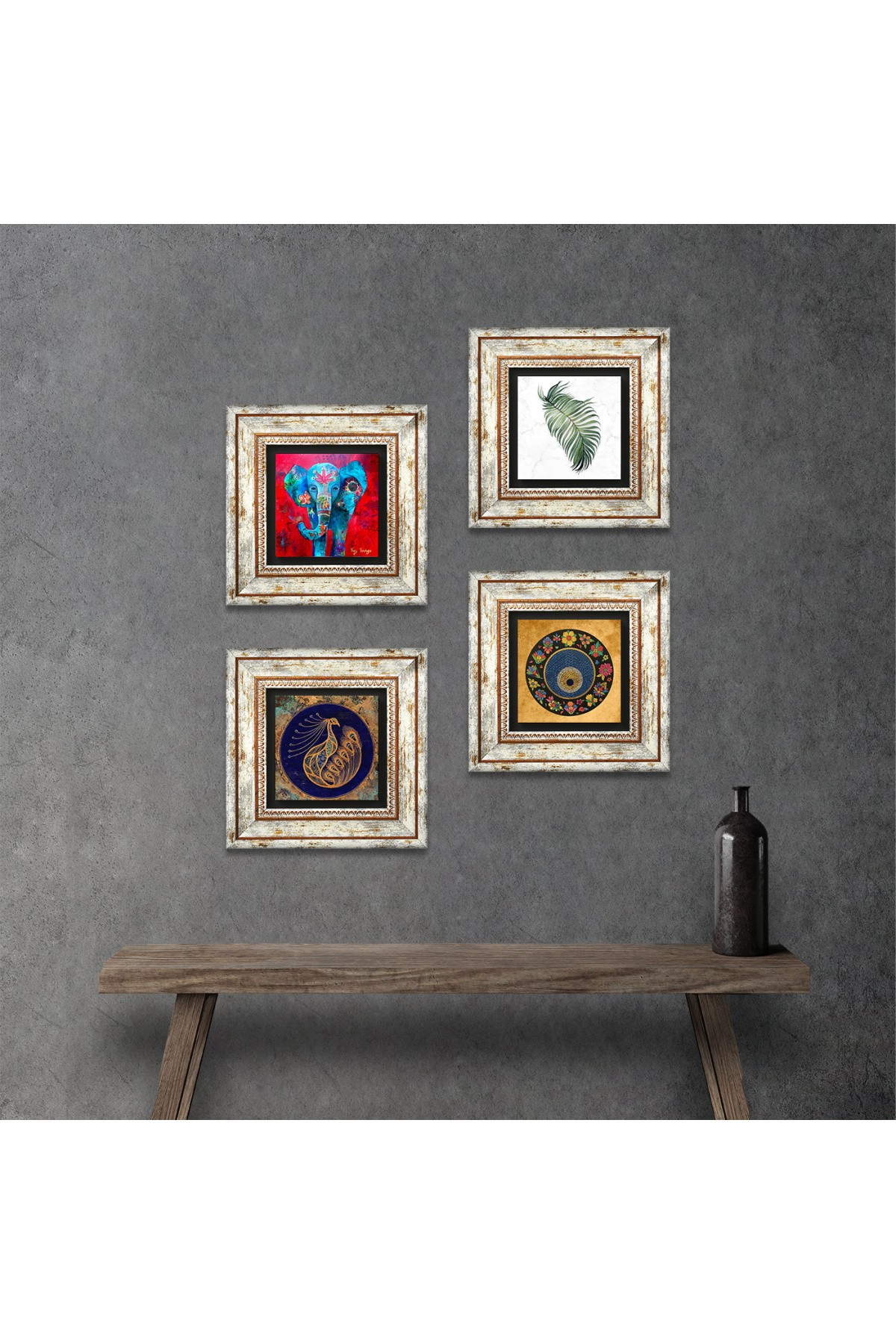 Elephant, Leaf, Peacock, Evil Eye Stone Wall Painting Framed Wall Decor 4 Piece Painting Set Wall Art