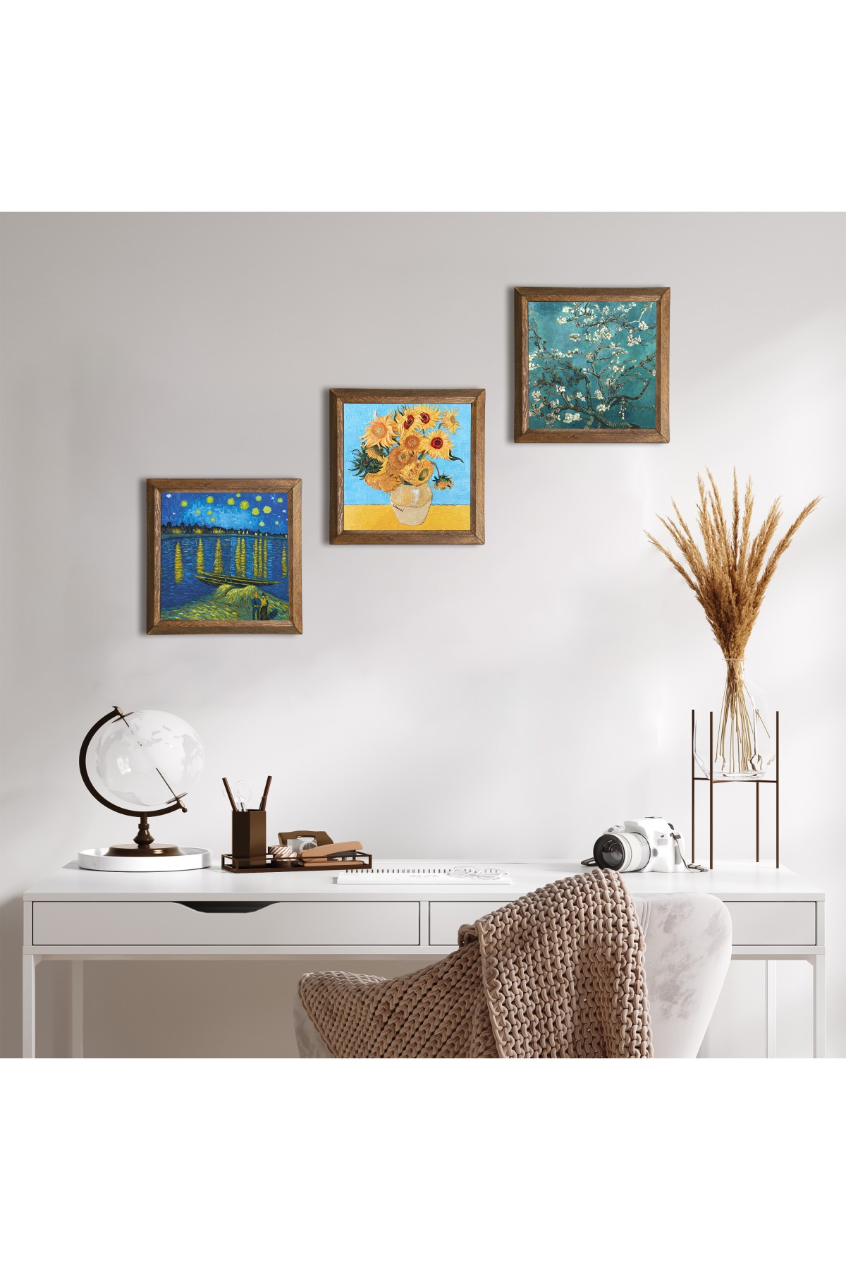 Van Gogh Taş Duvar Tablosu Ahşap Çerçeveli Duvar Dekoru 3 Parça Tablo Seti Wall Art