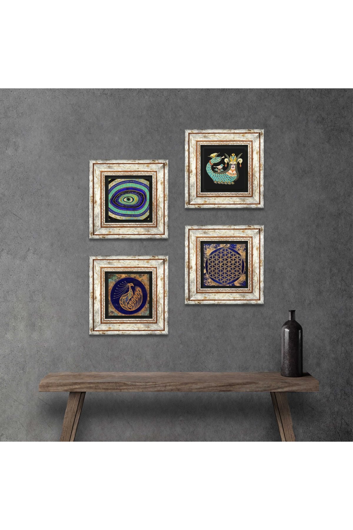 Evil Eye, Peacock, Flower of Life, Shahmaran Stone Wall Painting Framed Wall Decor 4 Piece Painting Set Wall Art