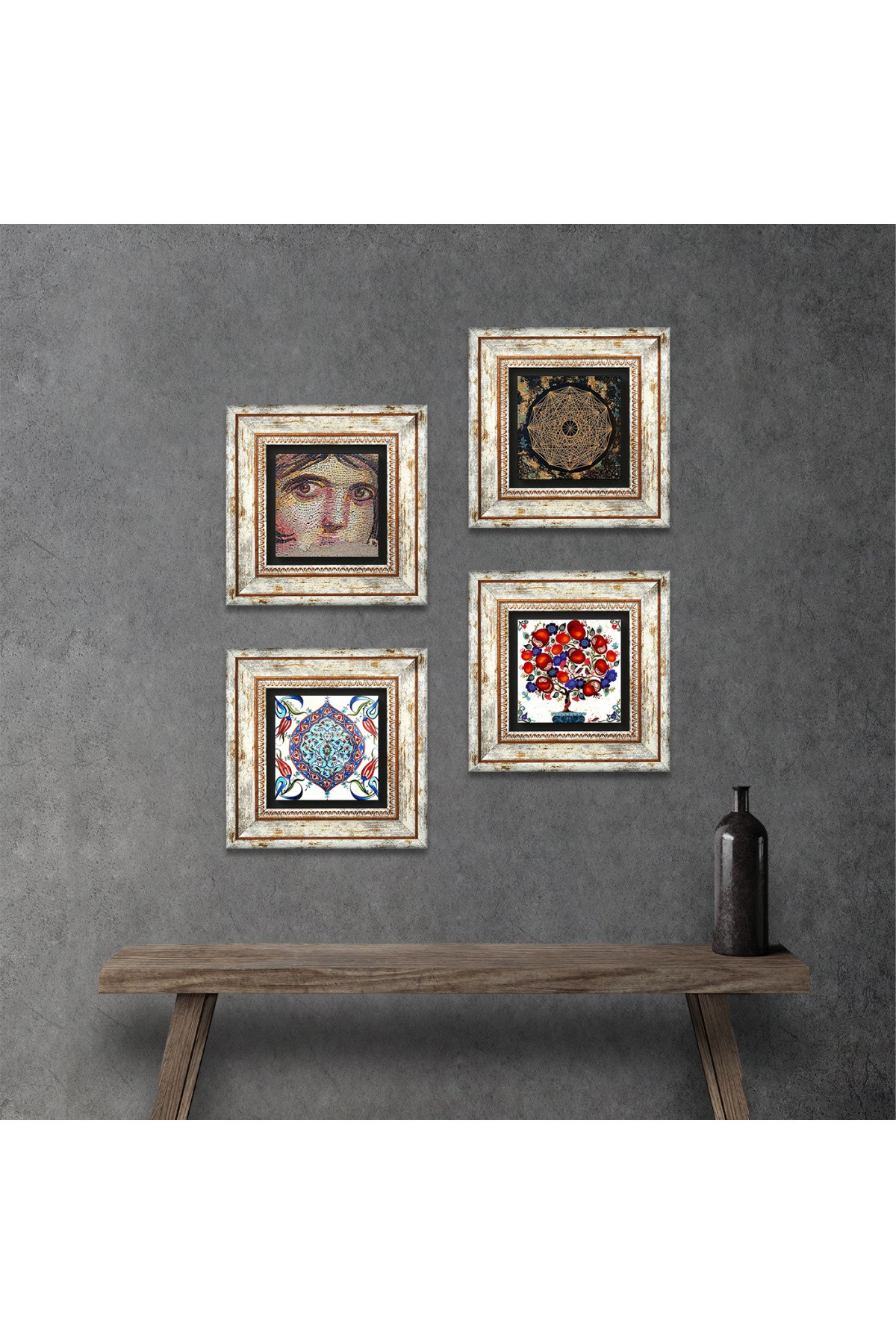 Sri Yantra, Gypsy Girl Mosaic, Tile Art, Pomegranate Tree Stone Wall Painting Framed Wall Decor 4 Piece Painting Set Wall Art