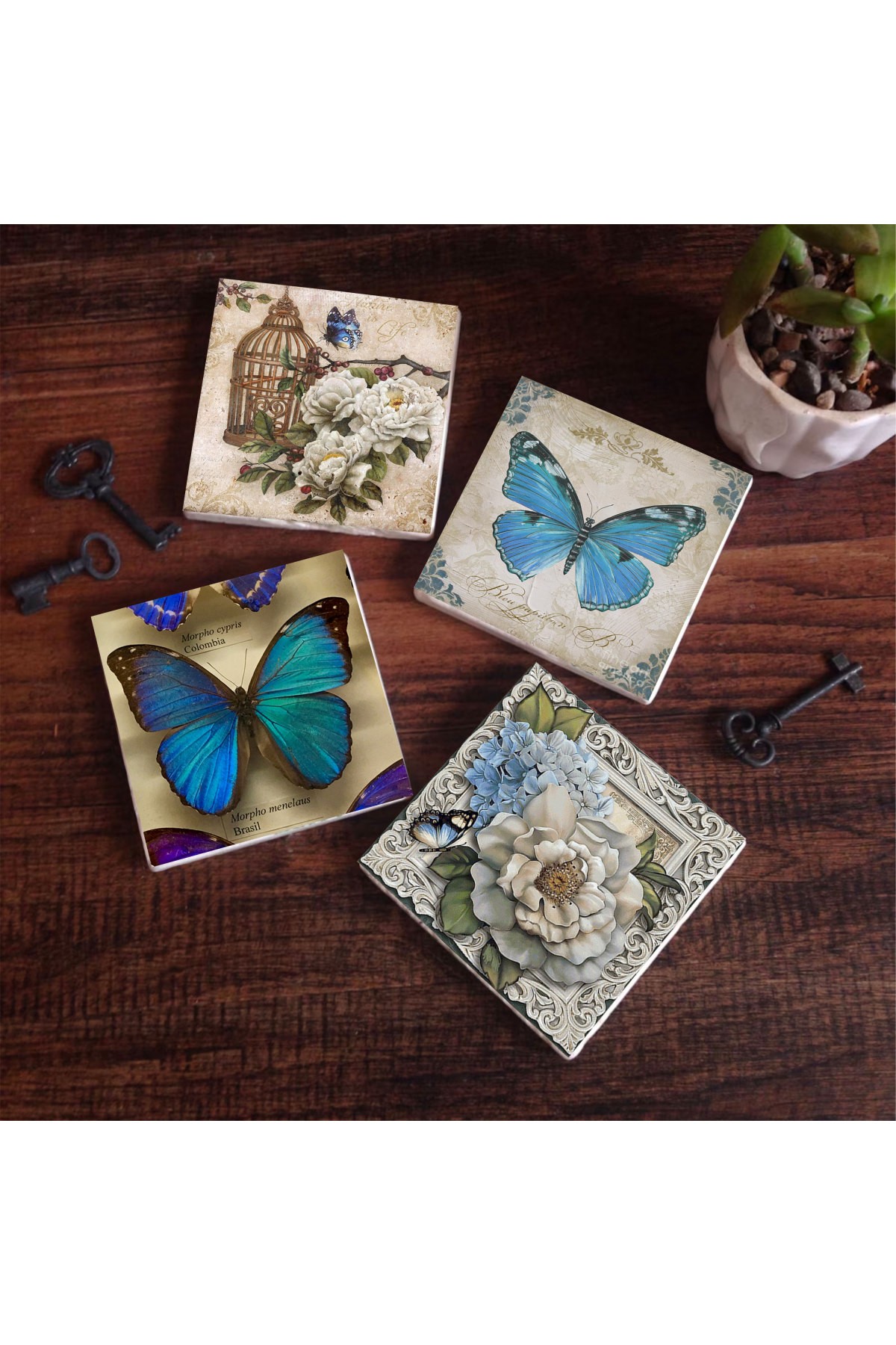 Kelebek Taş Bardak Altlığı Masaüstü Koruyucu Altlık 4 Parça Set 10x10cm Stone Coasters