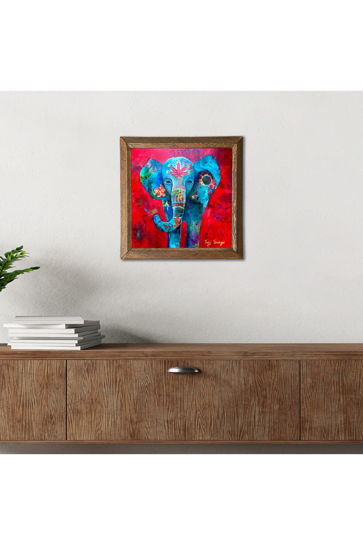 Elephant Stone Wall Painting Wooden Framed Wall Decor Wall Art 25x25cm