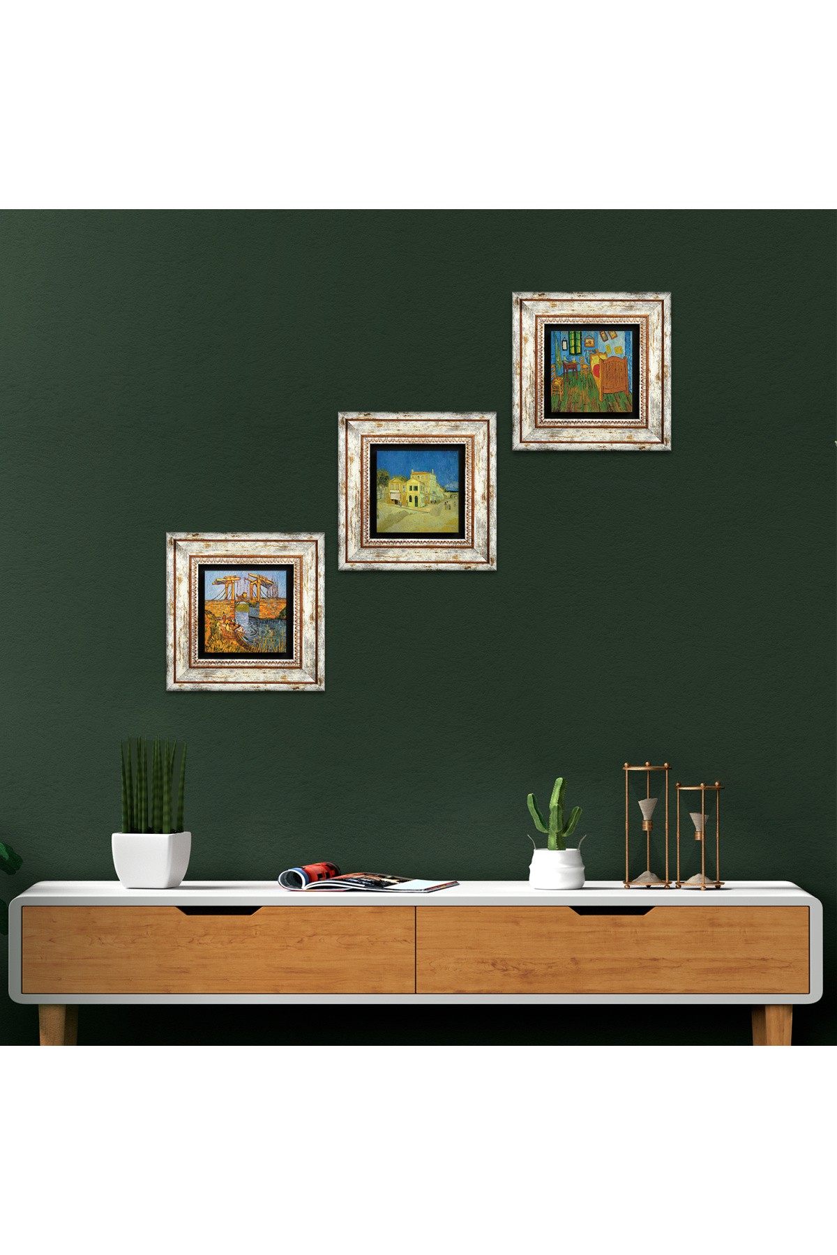 Van Gogh Yellow House, Bedroom, Langlois Bridge Stone Wall Painting Framed Wall Decor 3 Piece Painting Set Wall Art