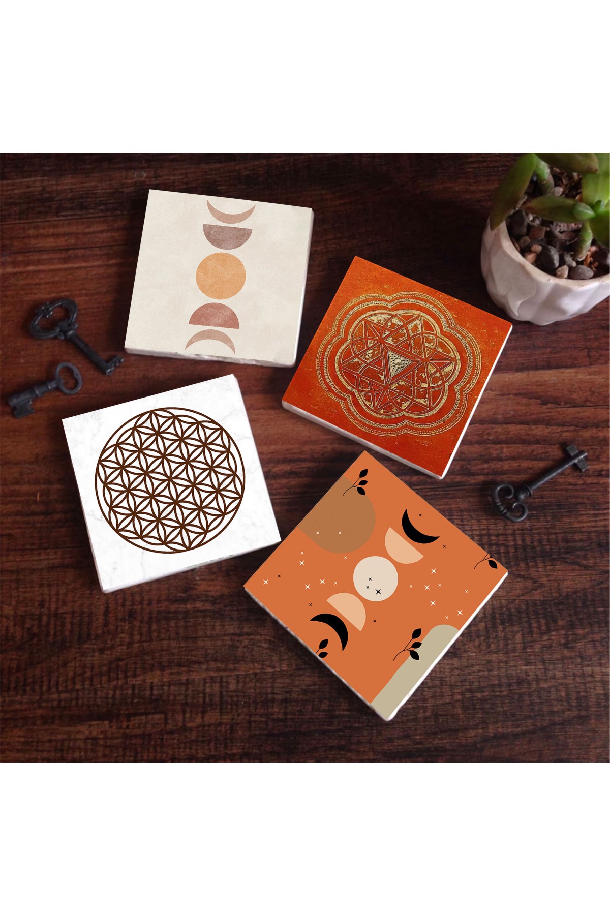 Bohemian, Minimalist Abstract, Flower of Life, Sri Yantra Stone Coasters Desktop Protective Coasters 4 Piece Set 10x10cm Stone Coasters