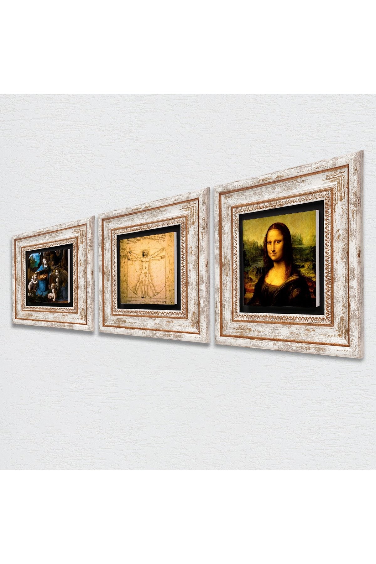 Da Vinci Virgin of the Rocks, Mona Lisa, Vitruvian Man Stone Wall Painting Framed Wall Decor 3 Piece Painting Set Wall Art