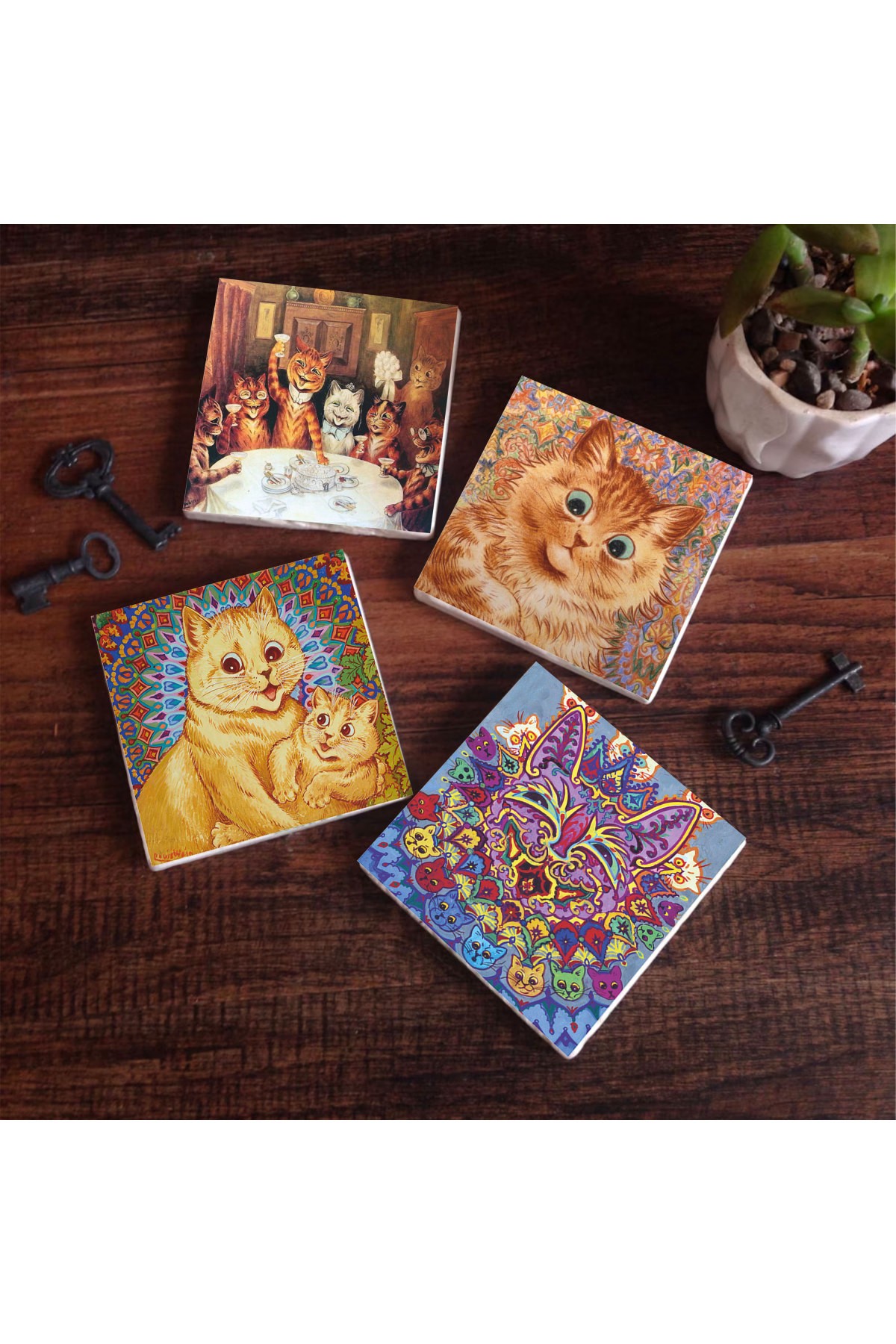 مجموعة قواعد أكواب واقية لسطح المكتب من Louis Wain Cats Stone Coasters مكونة من 4 قطع مقاس 10 × 10 سم