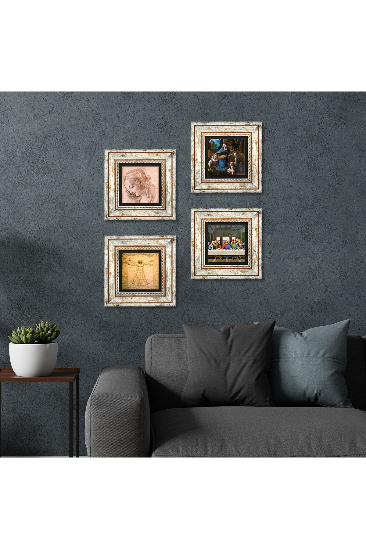 Leonardo da Vinci Taş Duvar Tablosu Çerçeveli Duvar Dekoru 4 Parça Tablo Seti Wall Art