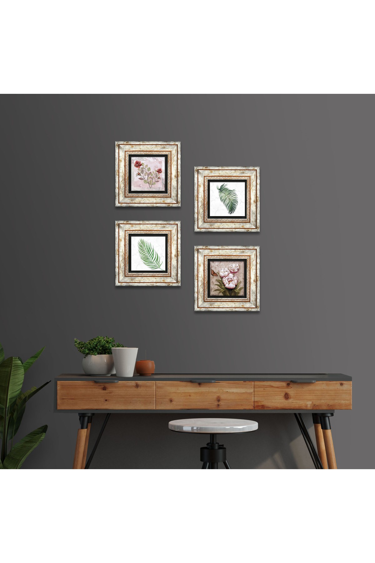 Gül, Yaprak, Kelebekli Çiçek Taş Duvar Tablosu Çerçeveli Duvar Dekoru 4 Parça Tablo Seti Wall Art