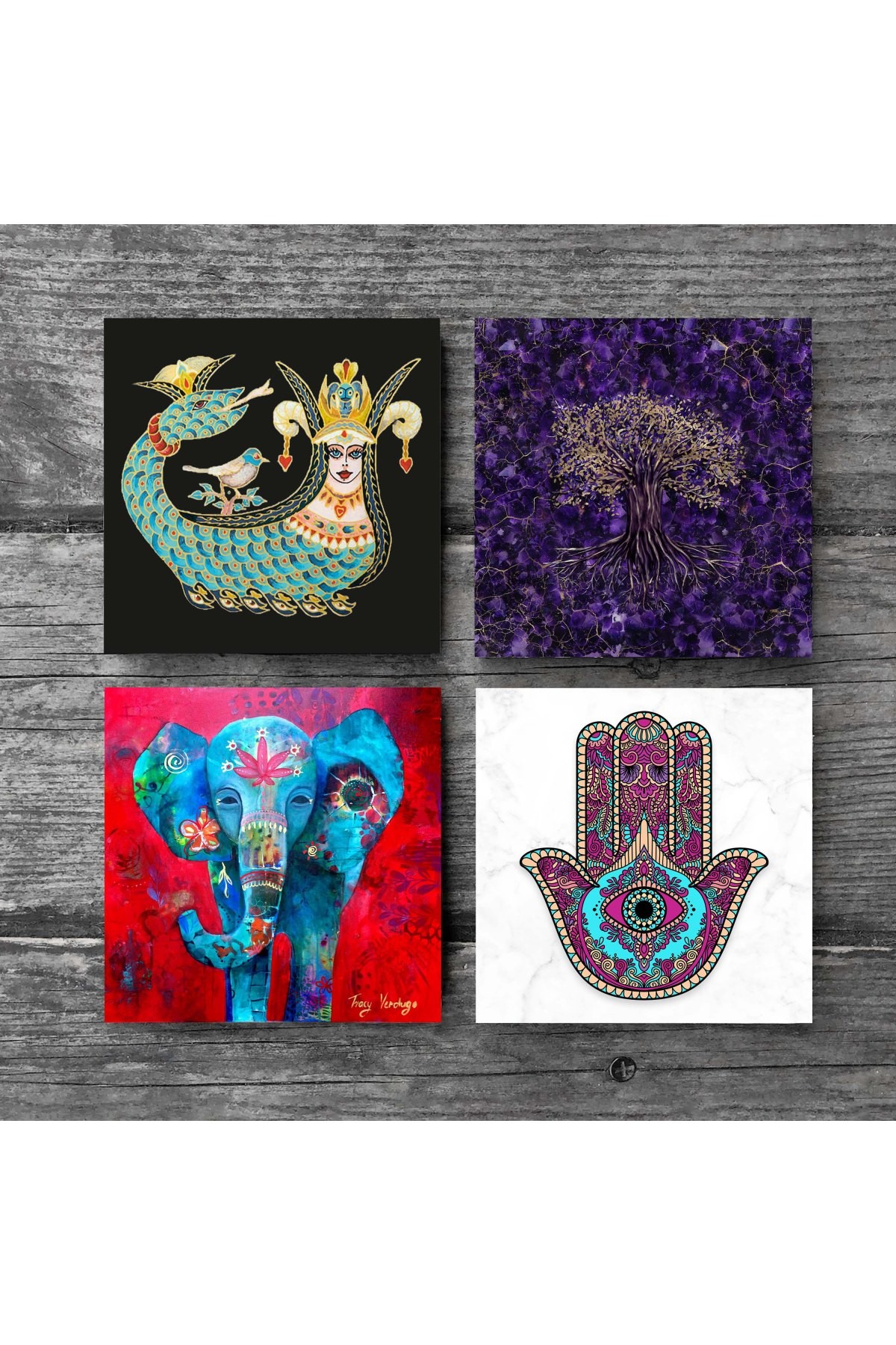 Tree of Life, Elephant, Fatima Hand (Hamsa), Shahmeran Stone Coaster Desktop Protective Coaster 4 Piece Set 10x10cm Stone Coasters