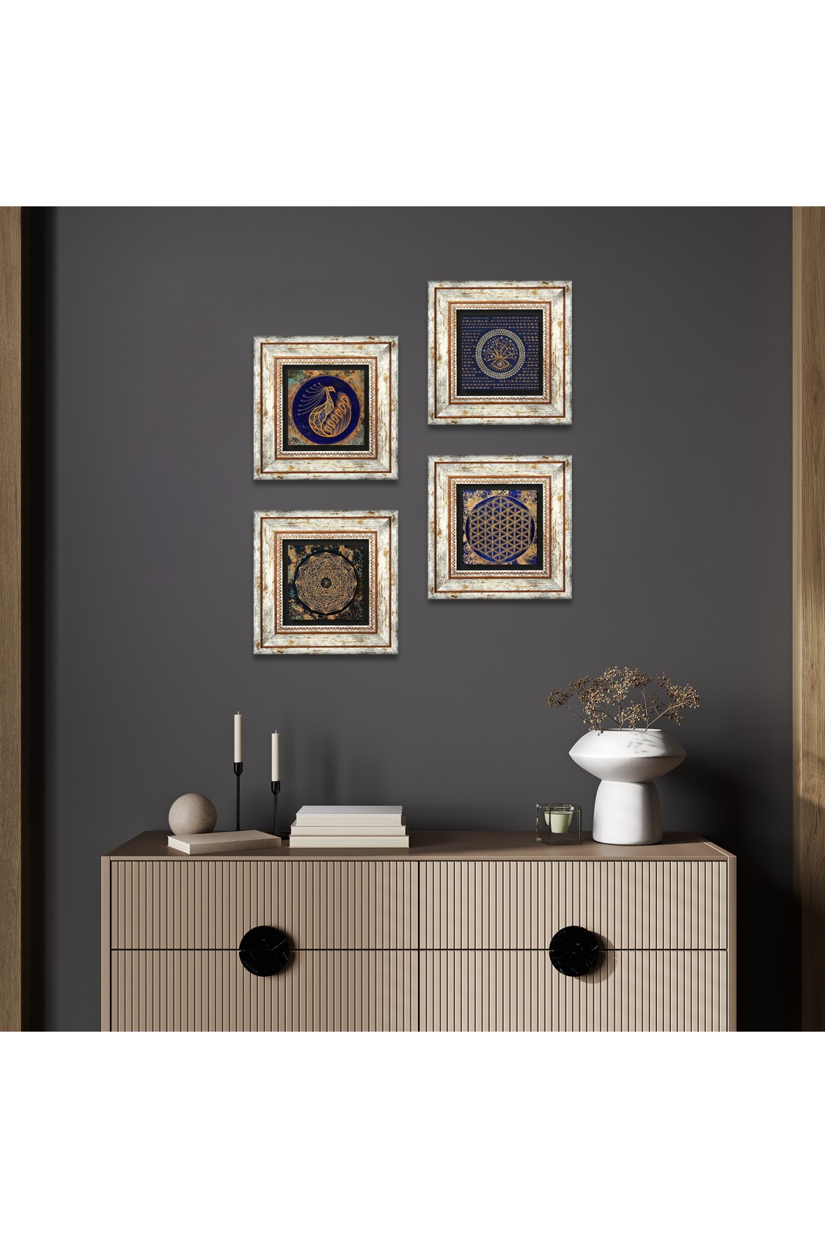 Evil Eye, Sri Yantra, Peacock, Flower of Life Stone Wall Painting Framed Wall Decor 4 Piece Painting Set Wall Art