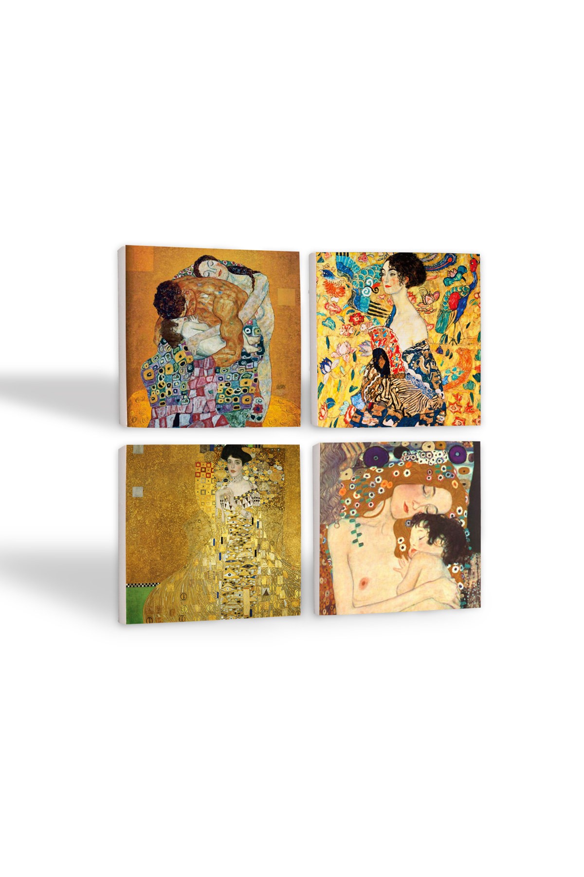 Gustav Klimt Yelpazeli Kadın, Bauer'in Portresi, Aile Kucaklama, Anne Çocuk Taş Bardak Altlığı Masaüstü Koruyucu Altlık 4 Parça Set 10x10cm Stone Coasters