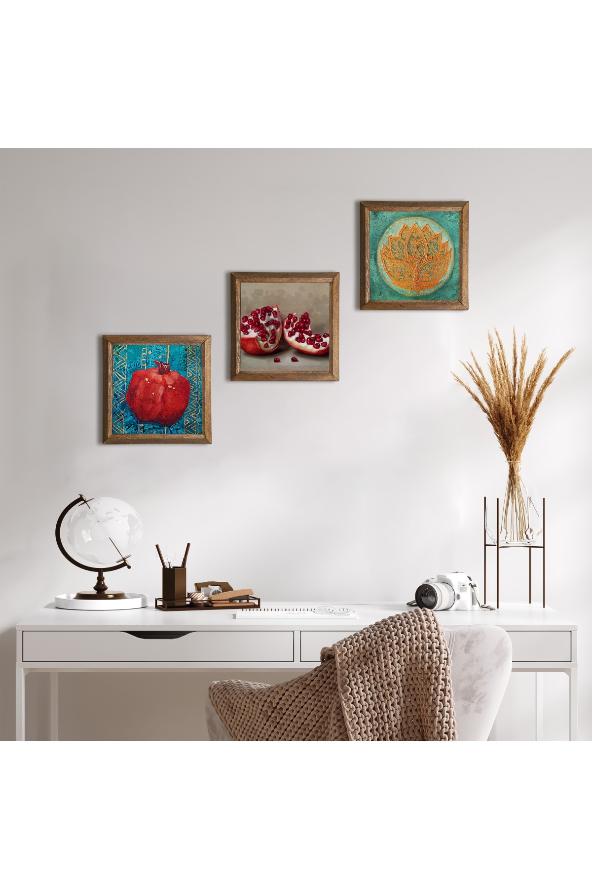 Lotus Flower, Pomegranate Stone Wall Painting Wooden Framed Wall Decor 3 Piece Painting Set Wall Art