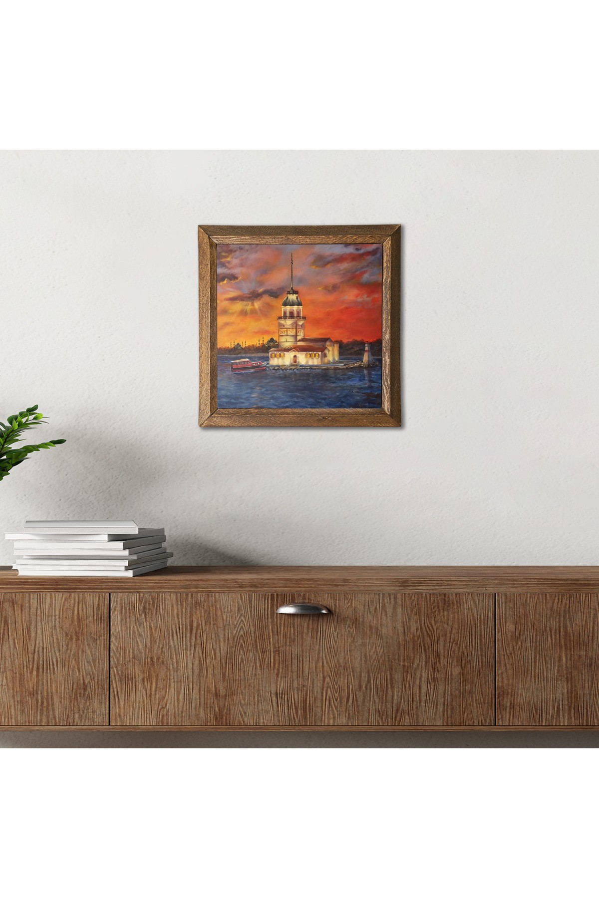 Istanbul Maiden's Tower Stone Wall Painting Wooden Framed Wall Decoration Wall Art 25x25cm