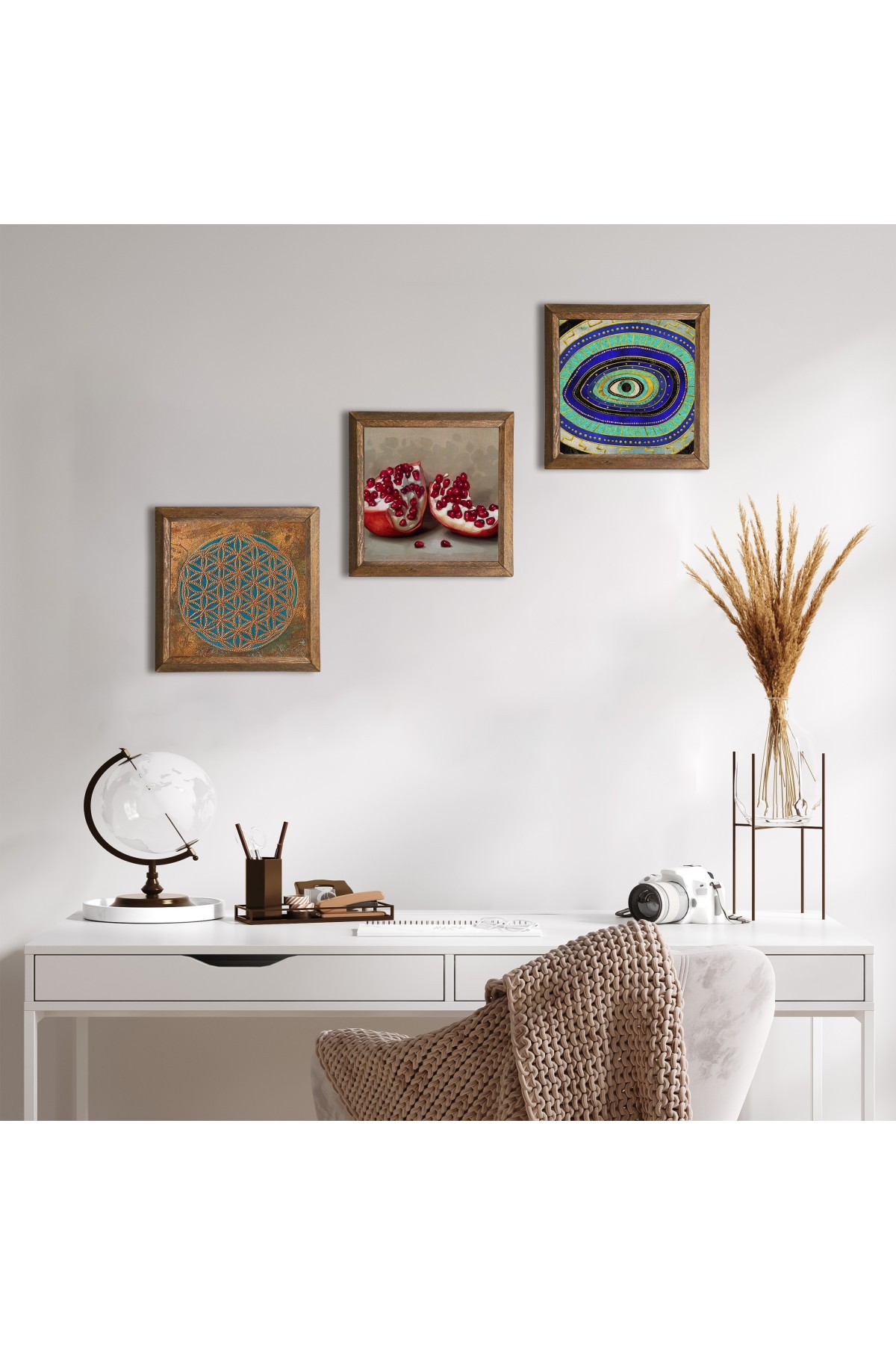 Flower of Life, Evil Eye, Pomegranate Stone Wall Painting Wooden Framed Wall Decor 3 Piece Painting Set Wall Art