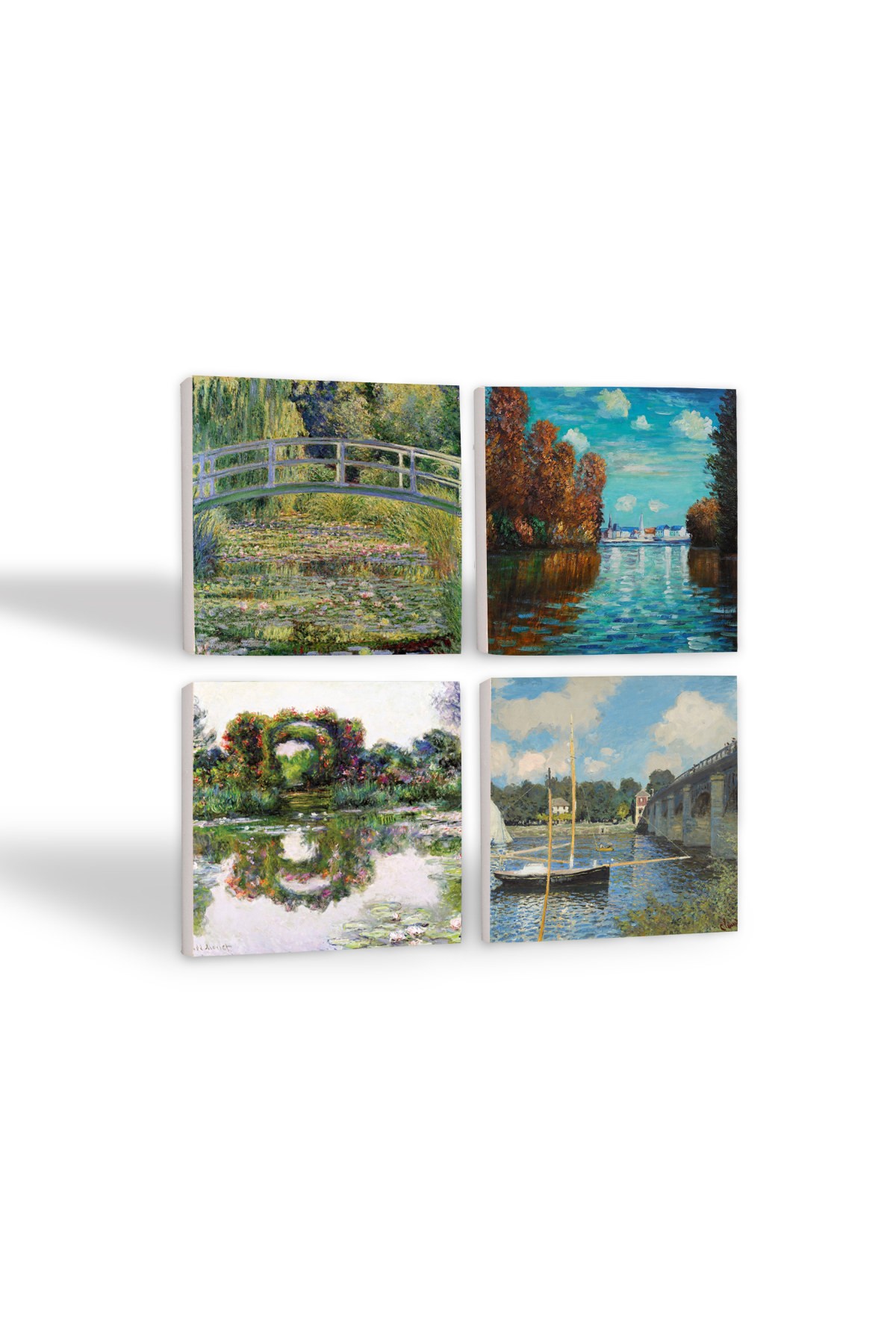 Claude Monet Sonbahar, Gül Çiçekli Kemer, Argenteuil'de Köprü, Nilüfer Gölü Taş Bardak Altlığı Masaüstü Koruyucu Altlık 4 Parça Set 10x10cm Stone Coasters