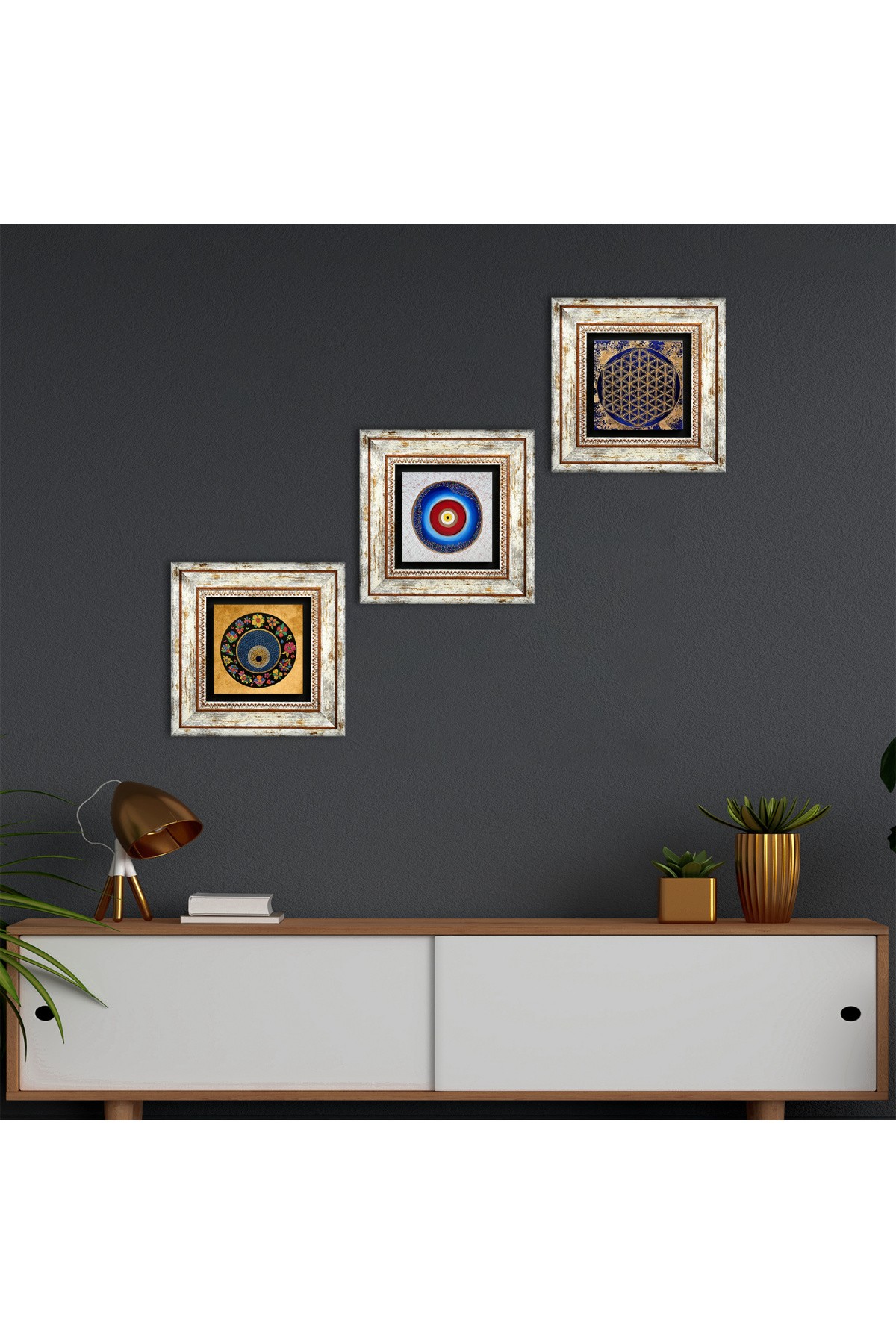 Nazar, Yaşam Çiçeği Taş Duvar Tablosu Çerçeveli Duvar Dekoru 3 Parça Tablo Seti Wall Art