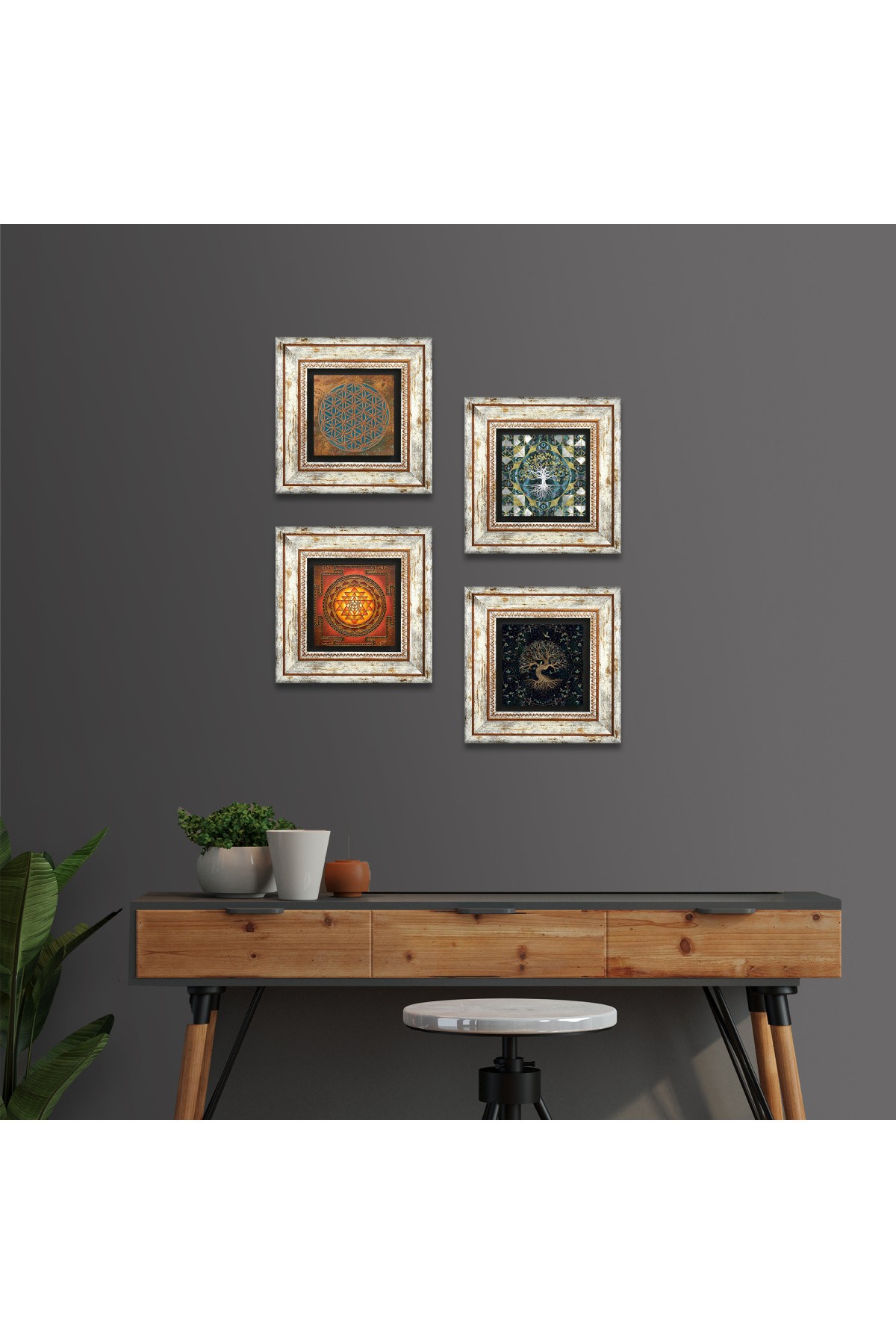 Yaşam Çiçeği, Sri Yantra, Hayat Ağacı Taş Duvar Tablosu Çerçeveli Duvar Dekoru 4 Parça Tablo Seti Wall Art