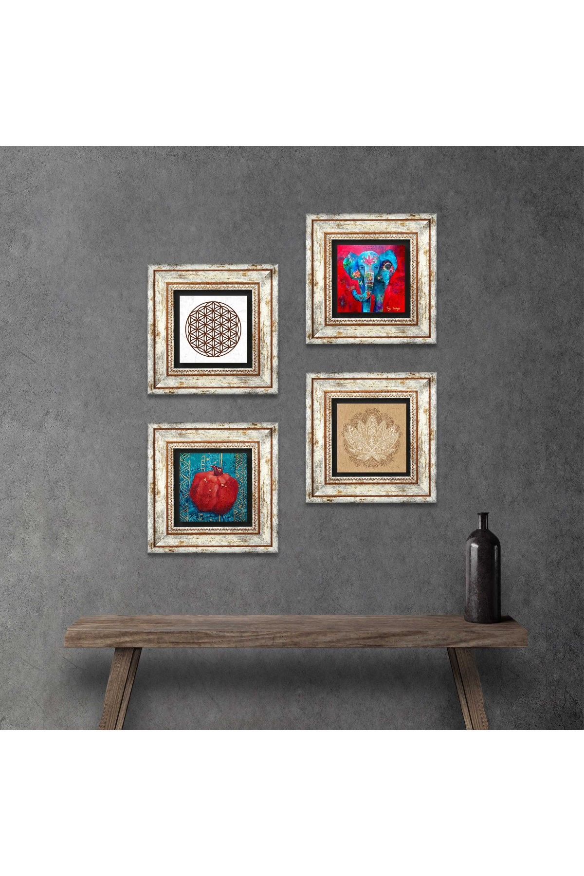 Elephant, Lotus Flower, Flower of Life, Pomegranate Stone Wall Painting Framed Wall Decor 4 Piece Painting Set Wall Art