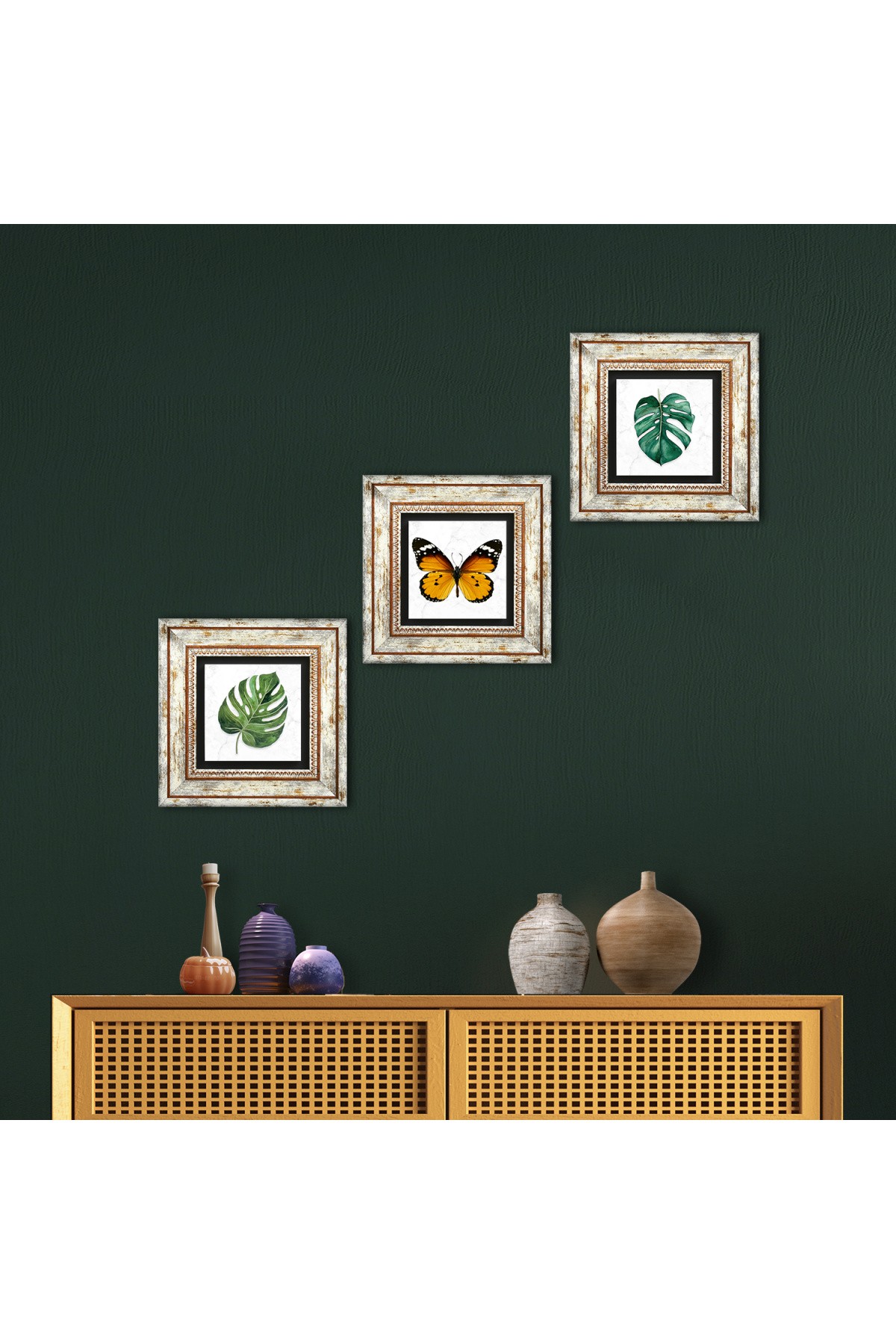 Butterfly, Leaf Stone Wall Painting Framed Wall Decor 3 Piece Painting Set Wall Art