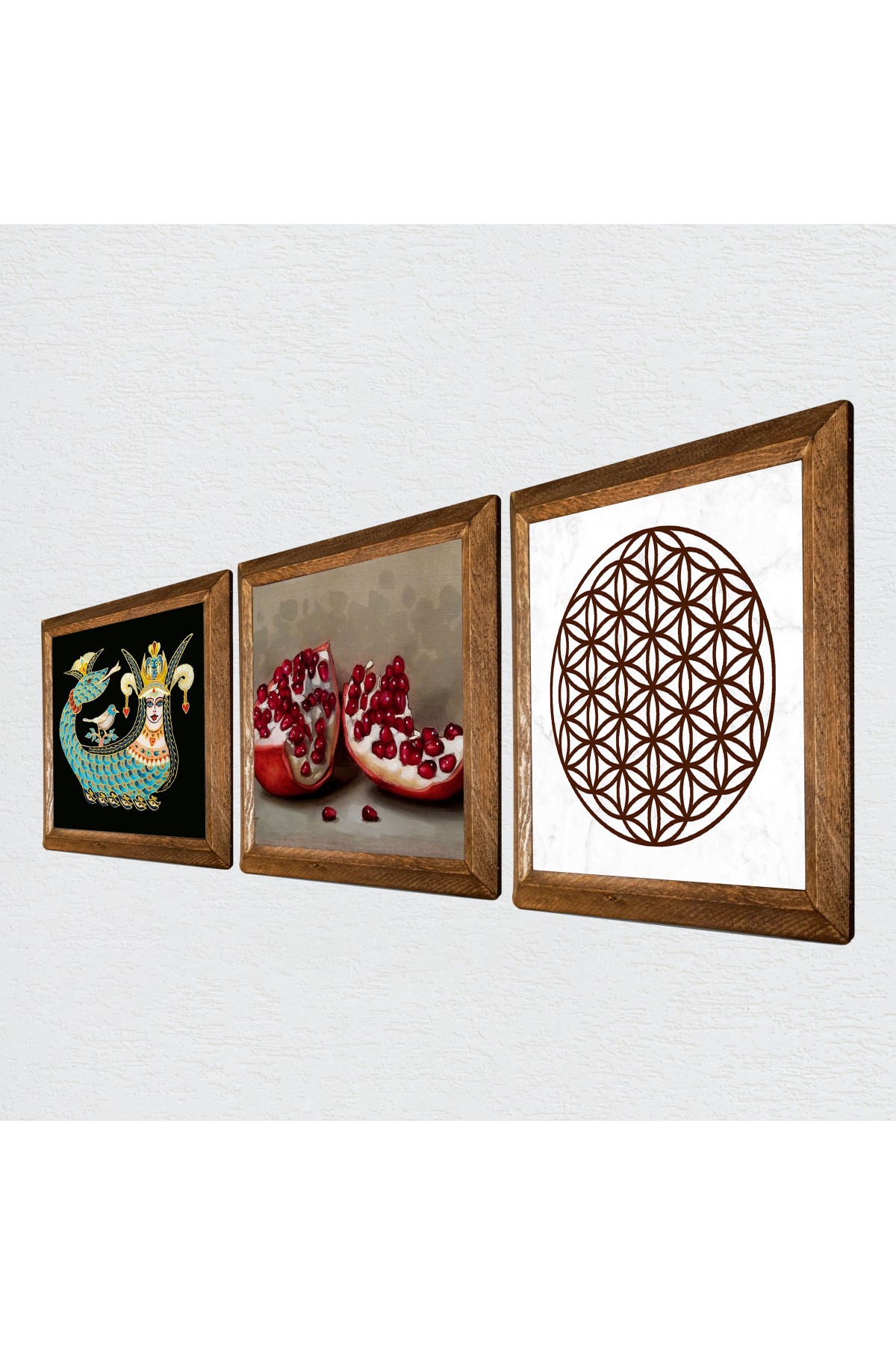 Flower of Life, Shahmaran, Pomegranate Stone Wall Painting Wooden Framed Wall Decor 3 Piece Painting Set Wall Art