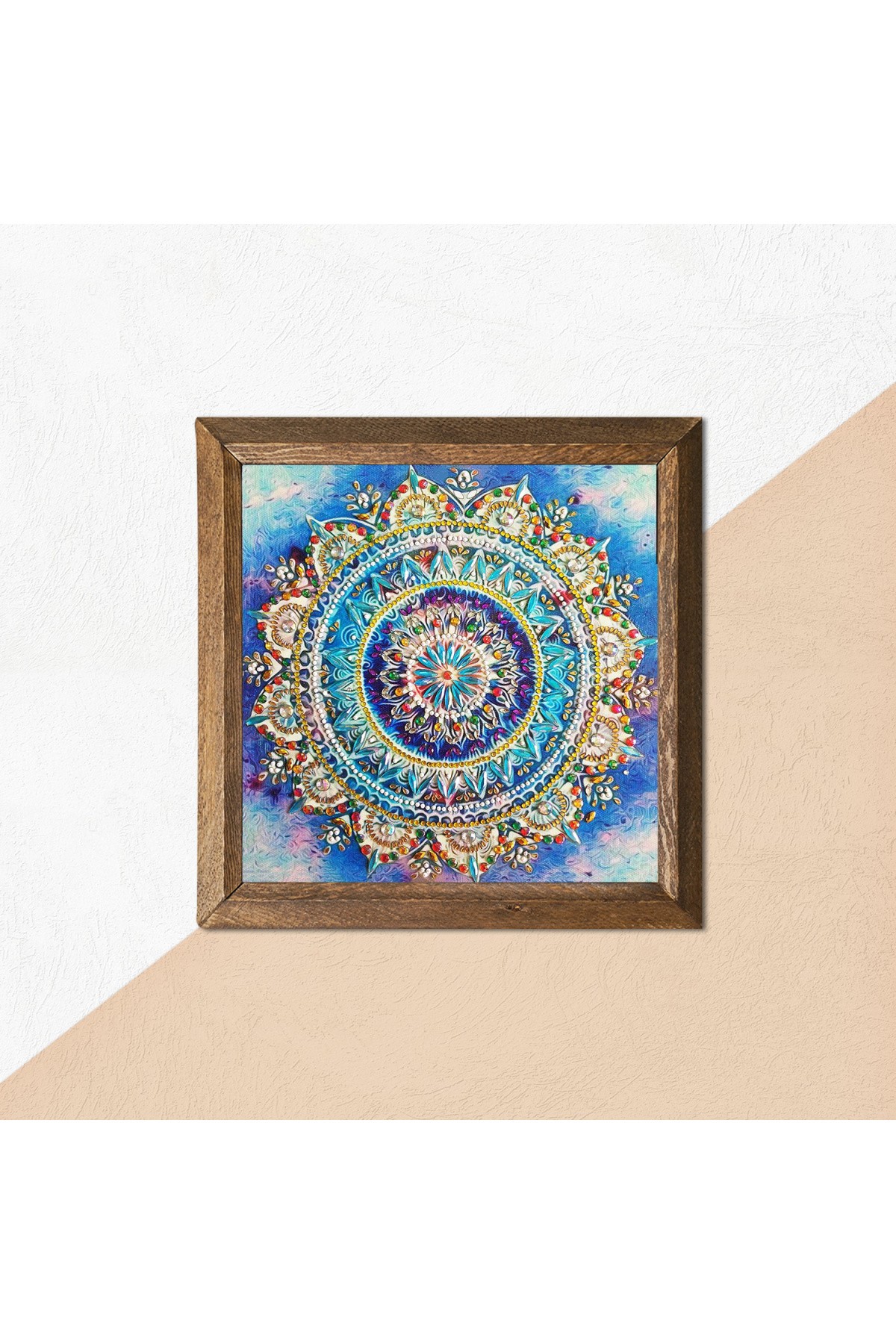 Mandala Taş Duvar Tablosu Ahşap Çerçeveli Duvar Dekoru Wall Art 25x25cm