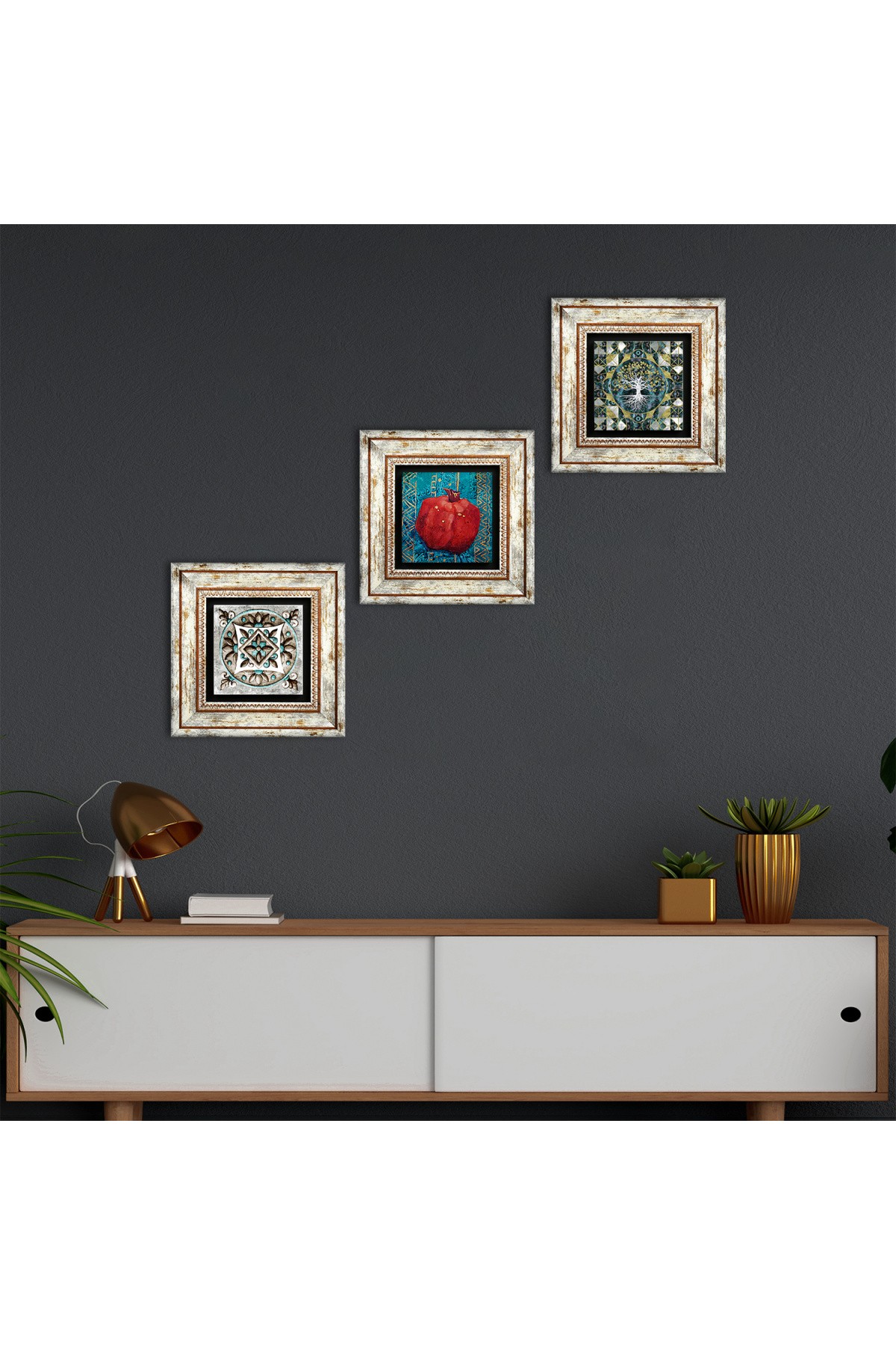 Hayat Ağacı, Çini Sanatı, Nar Taş Duvar Tablosu Çerçeveli Duvar Dekoru 3 Parça Tablo Seti Wall Art