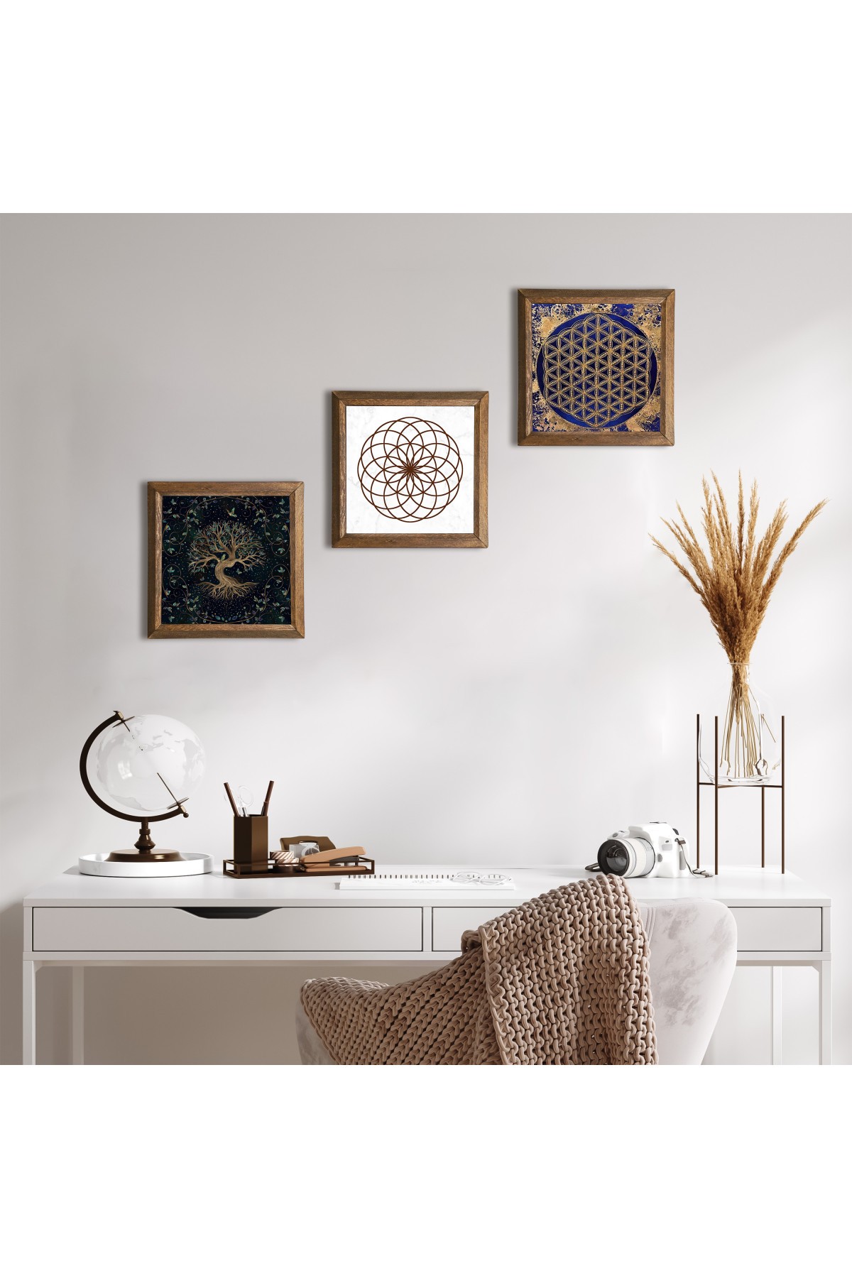 Yaşam Çiçeği, Hayat Ağacı Taş Duvar Tablosu Ahşap Çerçeveli Duvar Dekoru 3 Parça Tablo Seti Wall Art